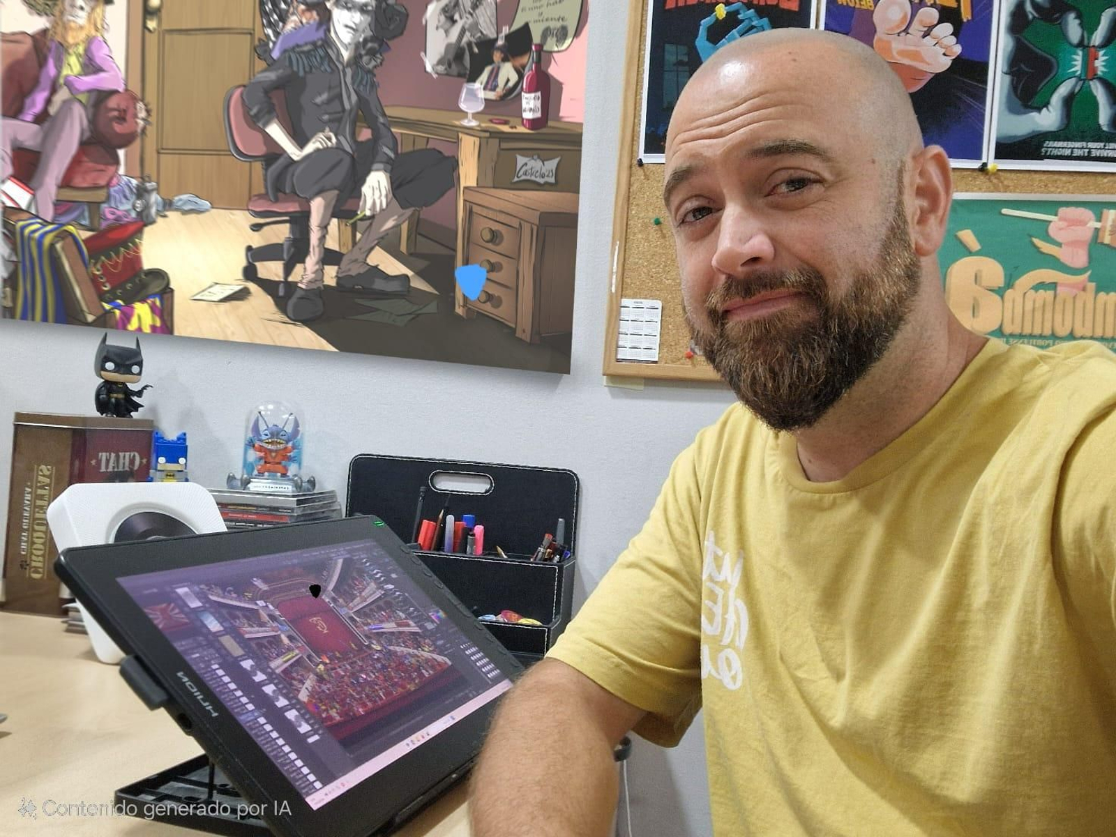 Alberto Castrelo en su estudio junto a la obra 'La Gran Final', bocetada a lápiz y coloreada digitalmente.