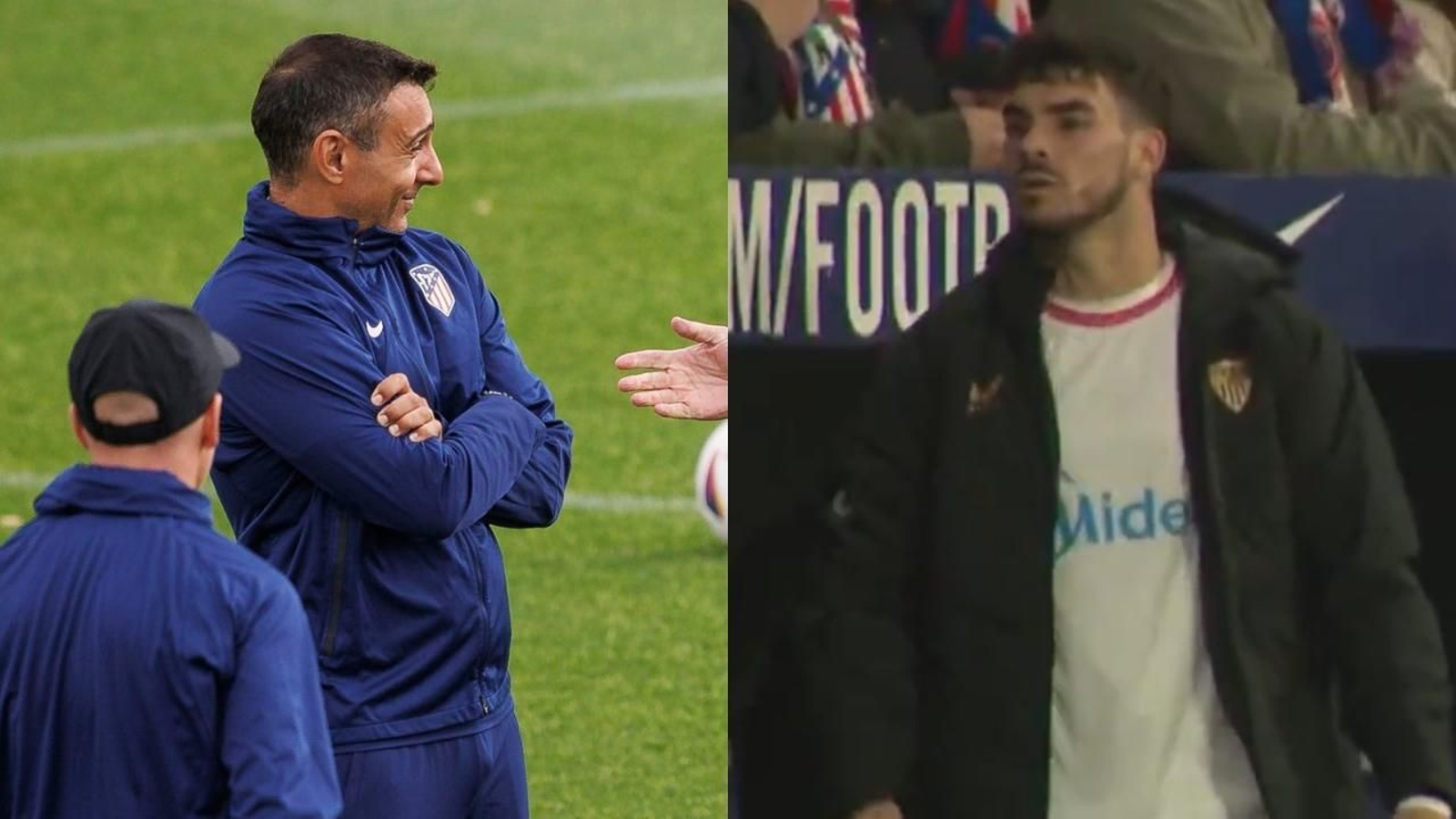 A la izquierda, Gustavo López durante un entrenamiento del Atlético de Madrid; a la derecha, el enfado de Isaac Romero con el argentino.