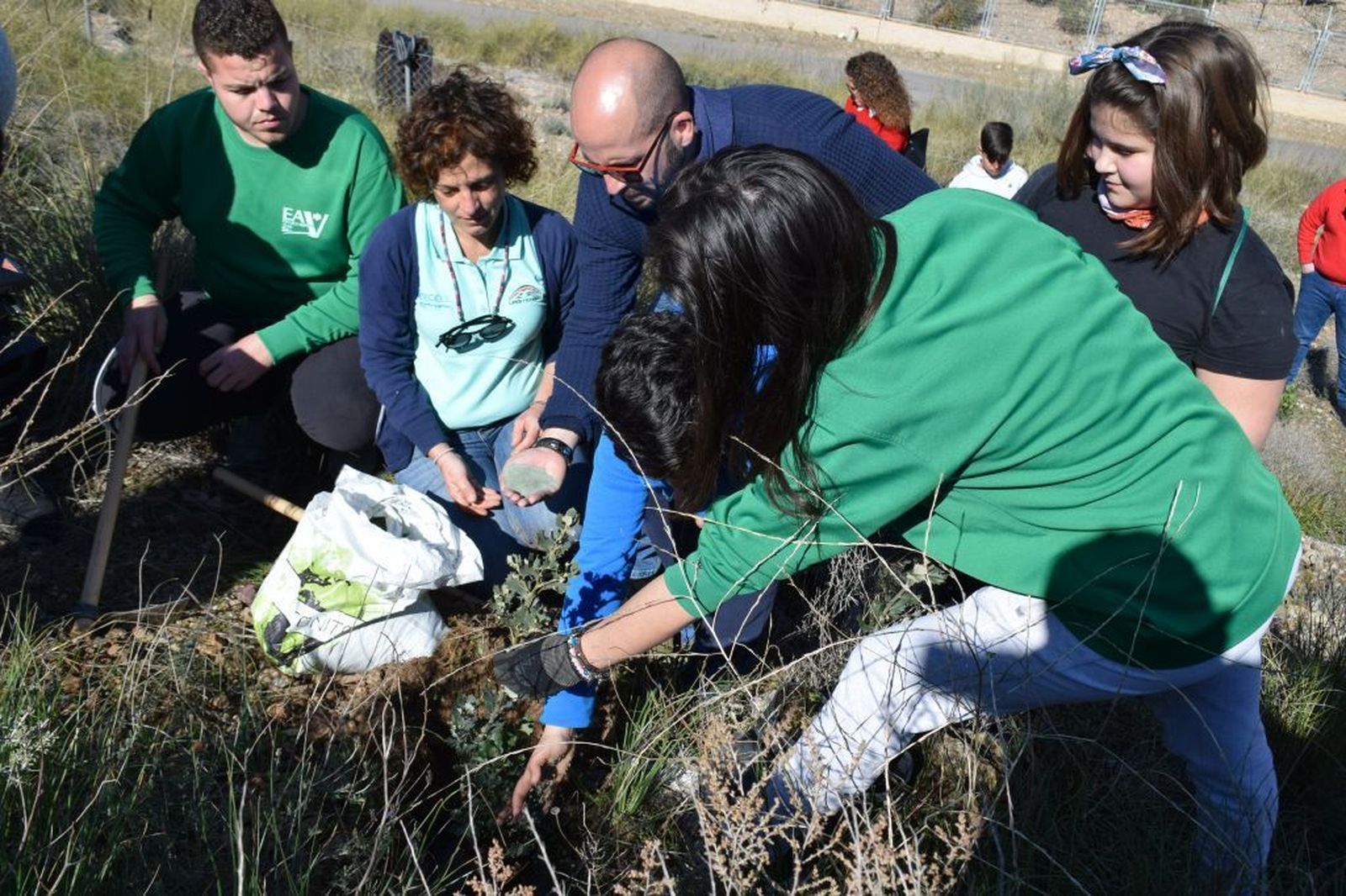 Alumnos plantando uno de los árboles en la Sierra de Gádor.