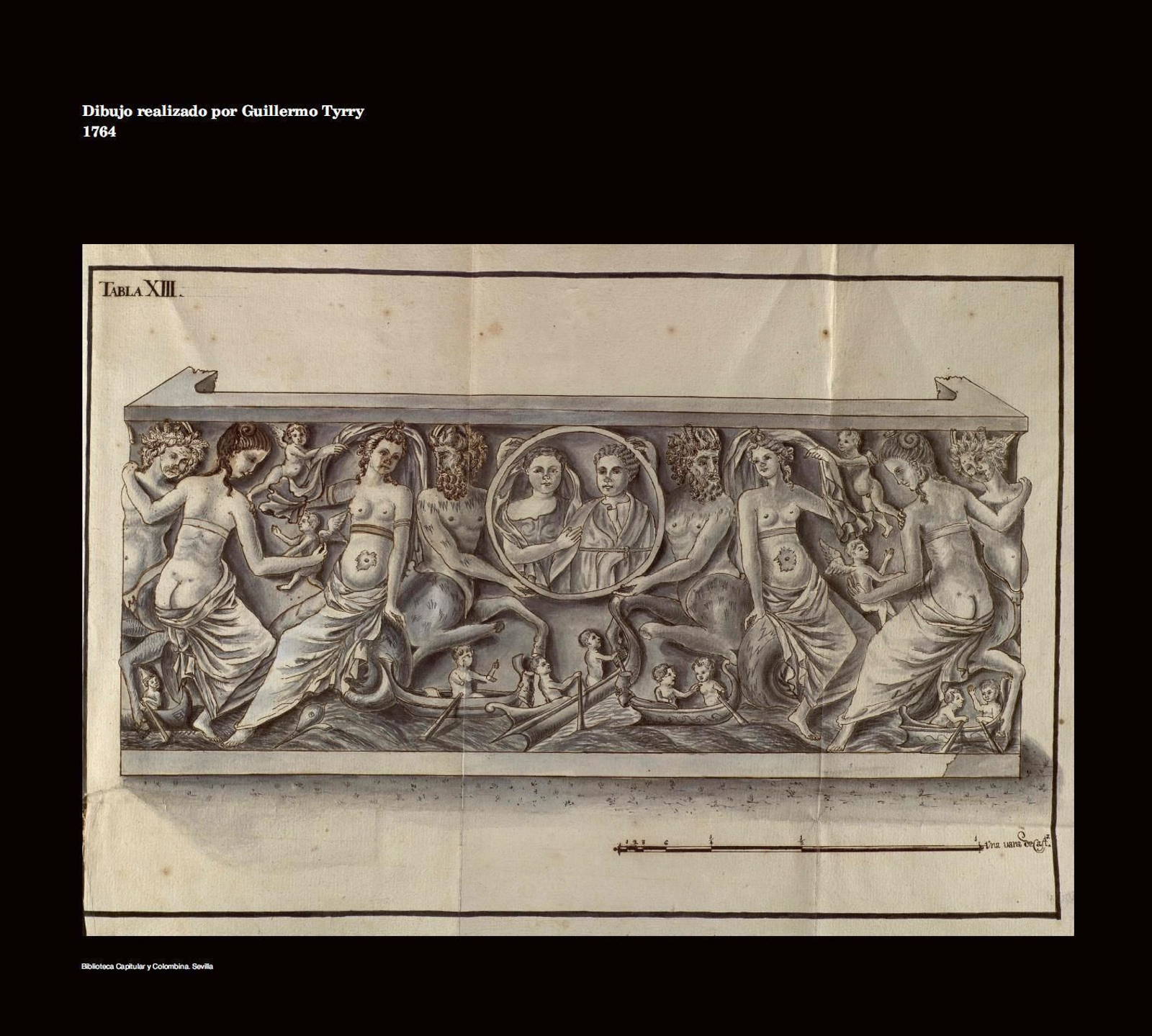 1 . Elementos que se hallaron en el interior de la cápsula del tiempo del Arenal (2). 3. Las dos partes del capitel visigodo unidas. 4. Dibujo realizado por Guillermo Tyrry en 1764 sobre el sarcófago romano. 5. Jarrón nazarí de la Cartuja. 6. Ídolo de Torrecera. 7. Patio de entrada del Museo (PASCUAL).
