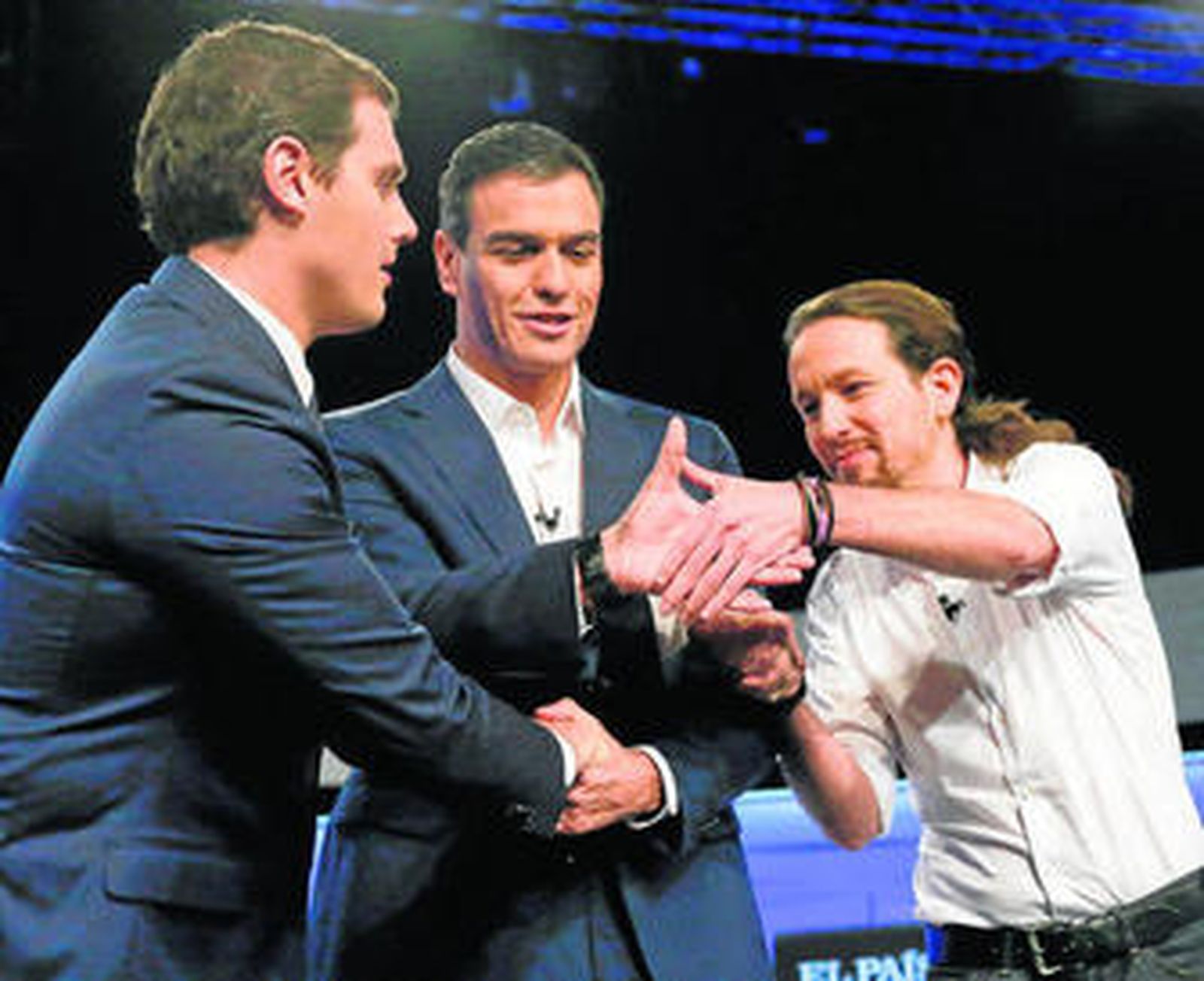 Albert Rivera, Pedro Sánchez y Pablo Iglesias en el debate de 'El País', con la ausencia del PP.
