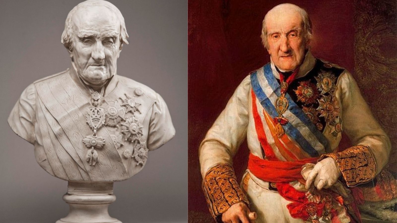 Cuadro de Vicente López del general Castaños (d), que sirve de inspiración al busto del general Castaños de José Piquer.