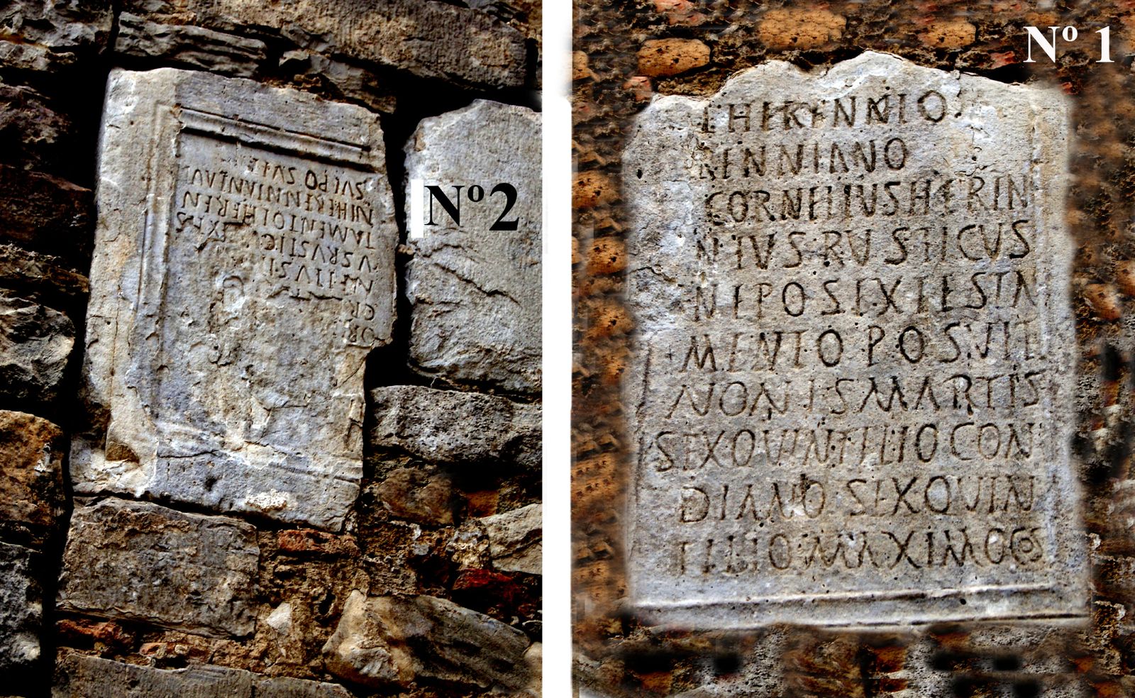 Las dos lápidas romanas con inscripción embutidas en el aparejo del arco de la puerta medieval de la villa fortificada de Jimena de la Frontera.