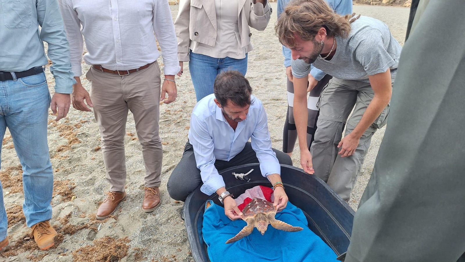 Javier Ros, cogiendo la tortuga.