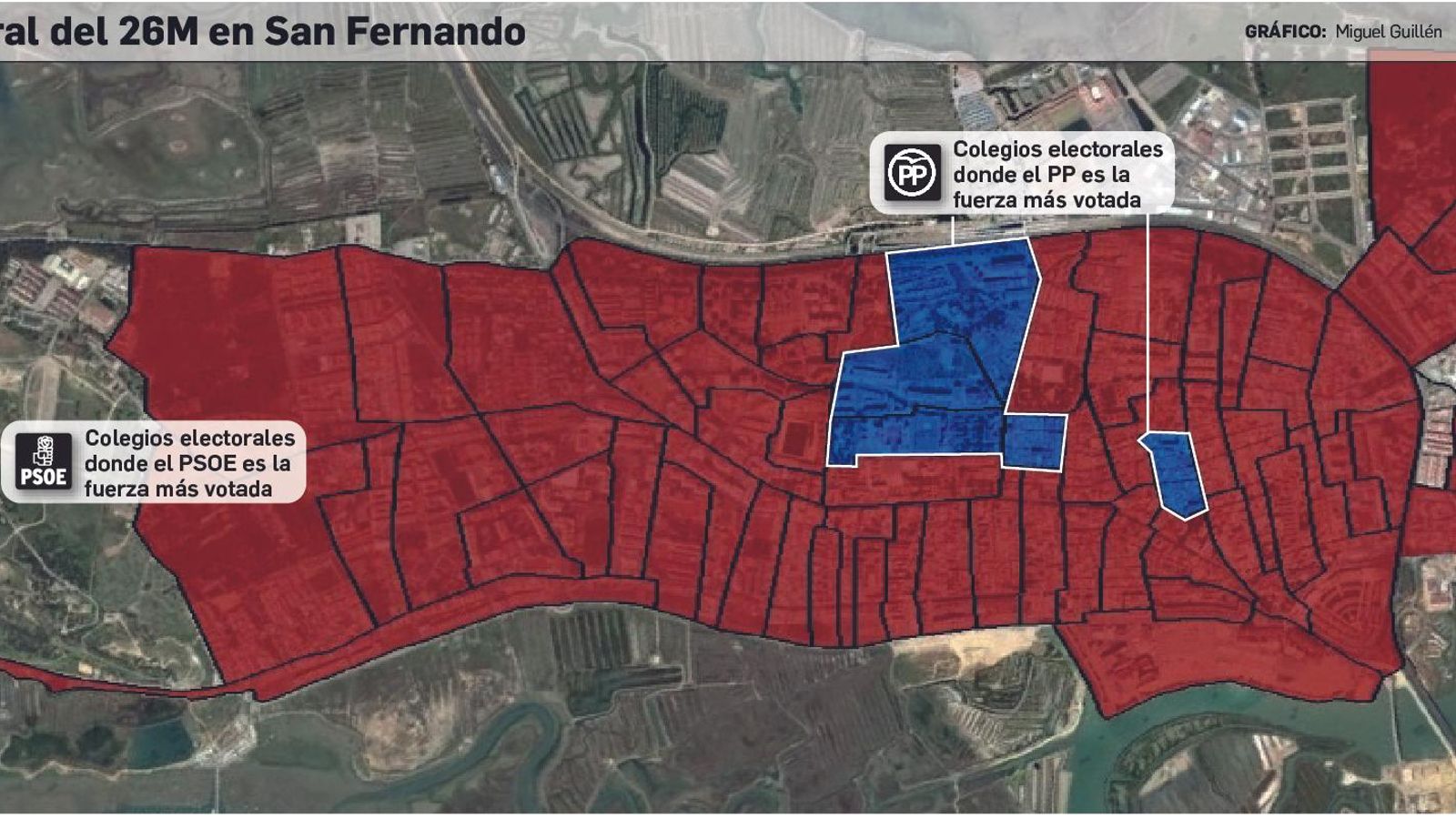 Mapa electoral que dibujan los resultados del 26-M en San Fernando.