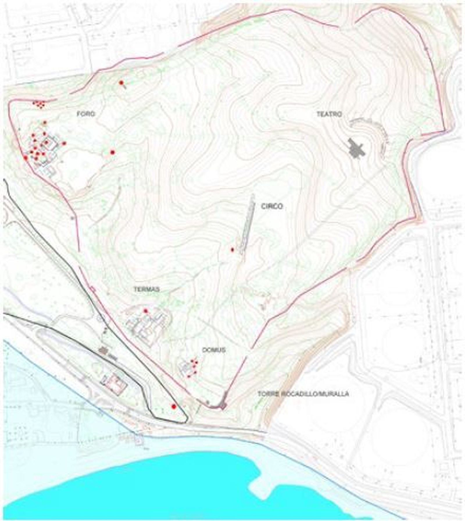 Plano de Carteia con la ubicación de los hallazgos de moneda púnica. Elaborado a partir de la planimetría realizada por la Junta de Andalucía (2005) y la realizada por Expósito (2018).