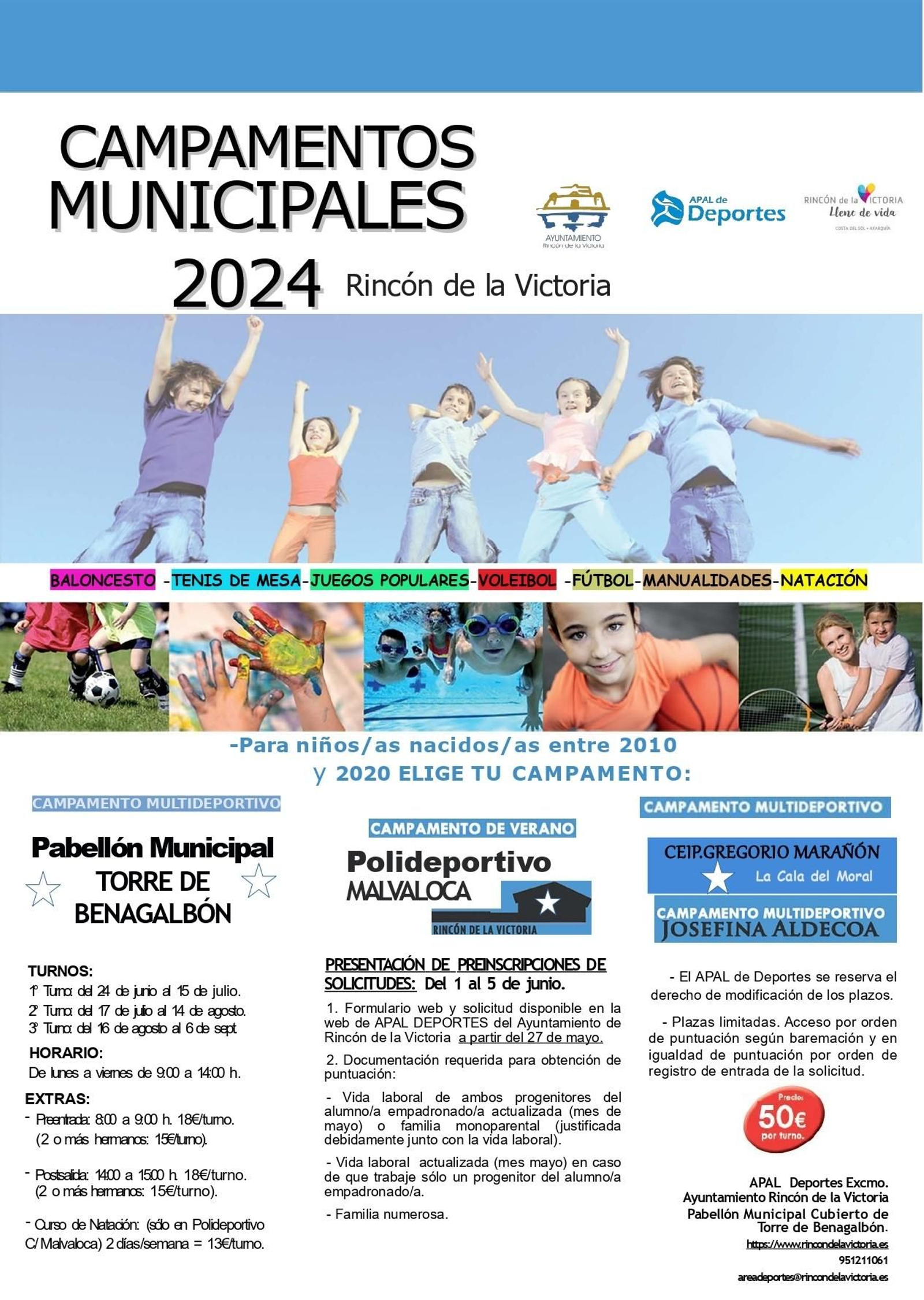 Cartel de los campamentos municipales de verano de Rincón de la Victoria