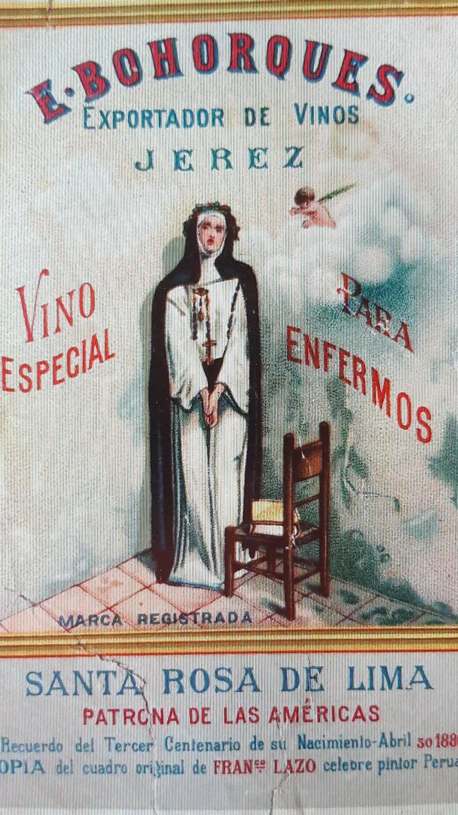 Santa Rosa de Lima en una etiqueta de E. Bohorques, c. 1886.