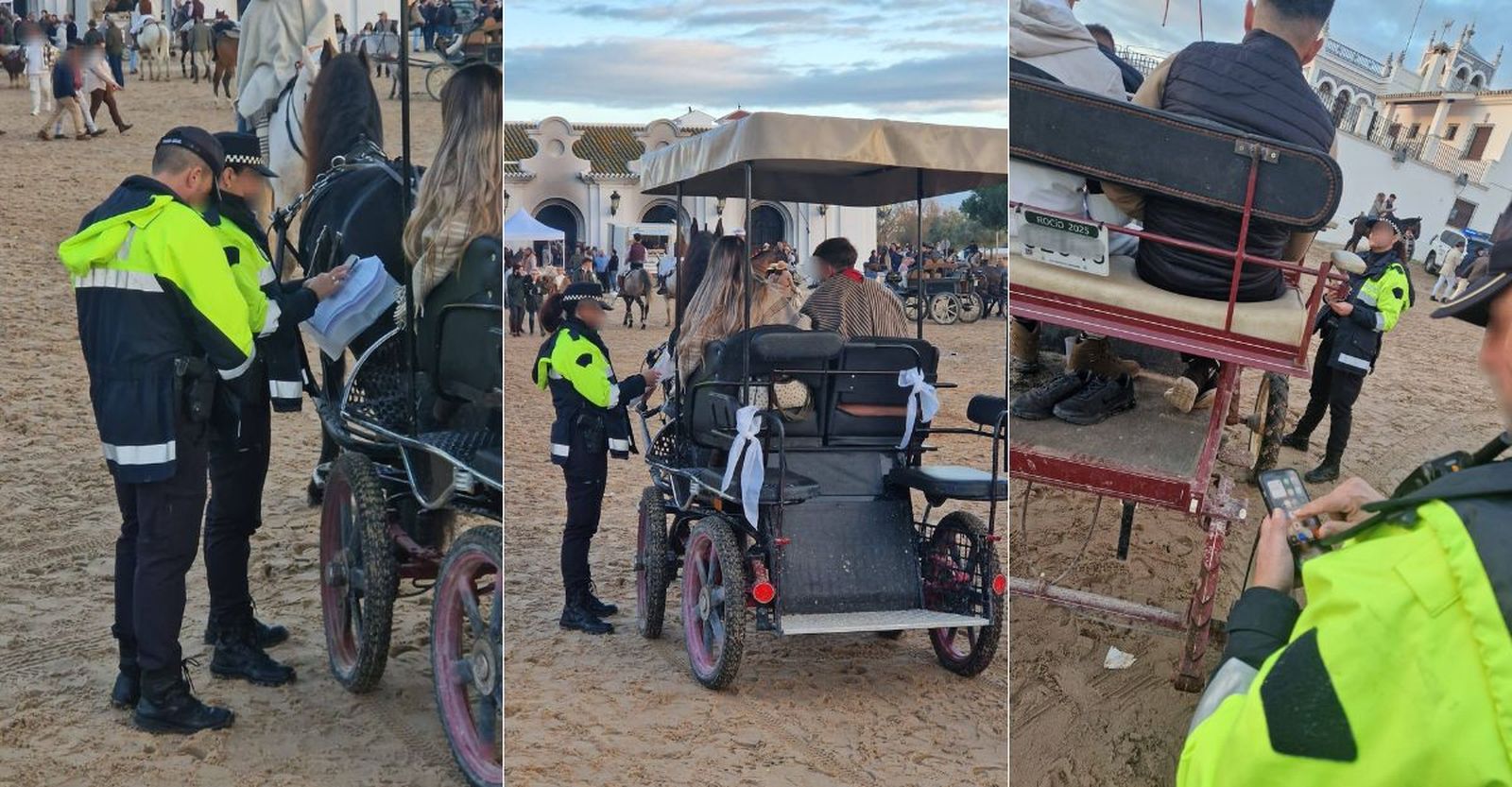 La Policía de Almonte multando a los dueños de carruajes en El Rocío este fin de semana.