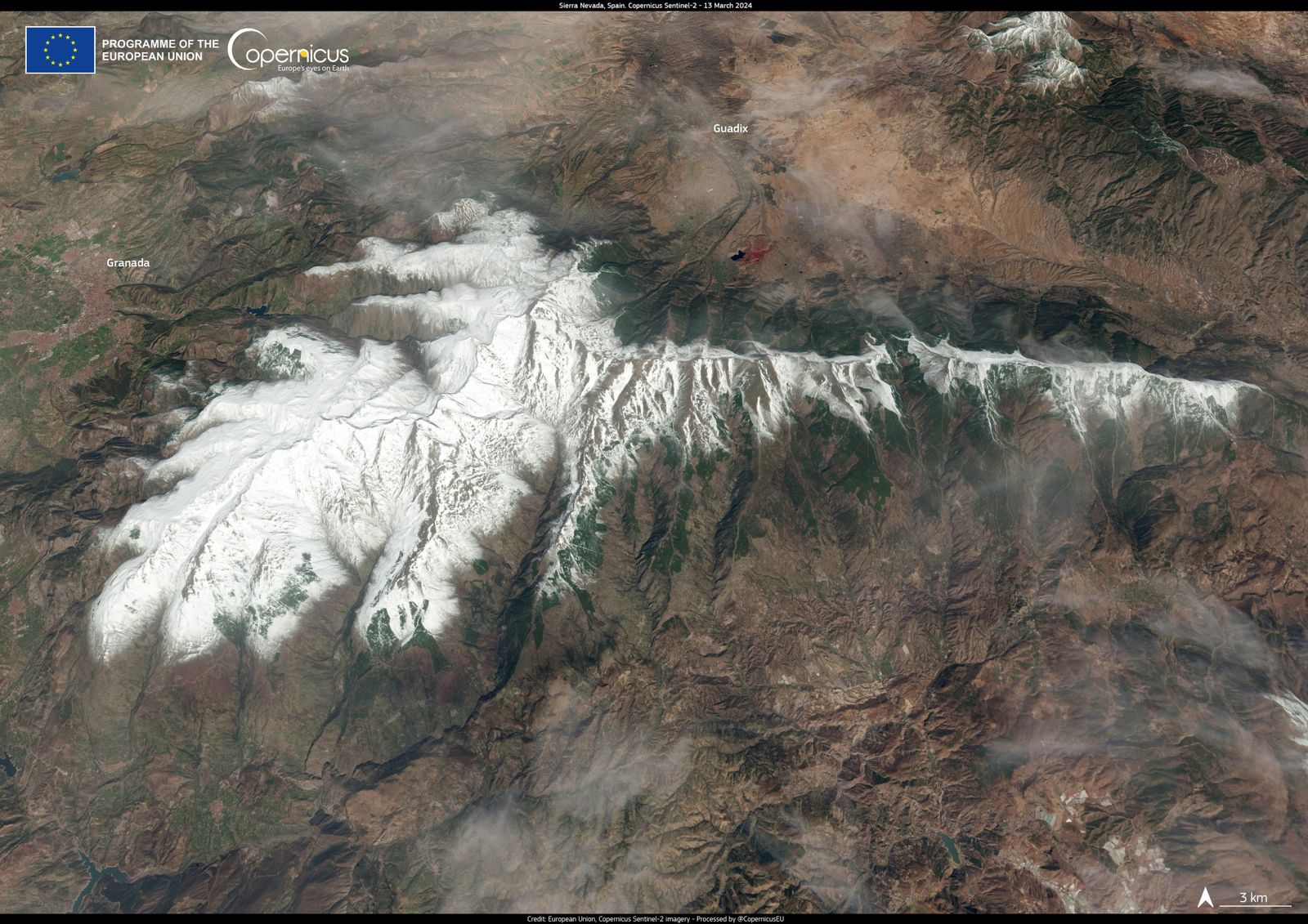 La espectacular foto del satélite Copernicus de la Sierra tras las últimas nevadas