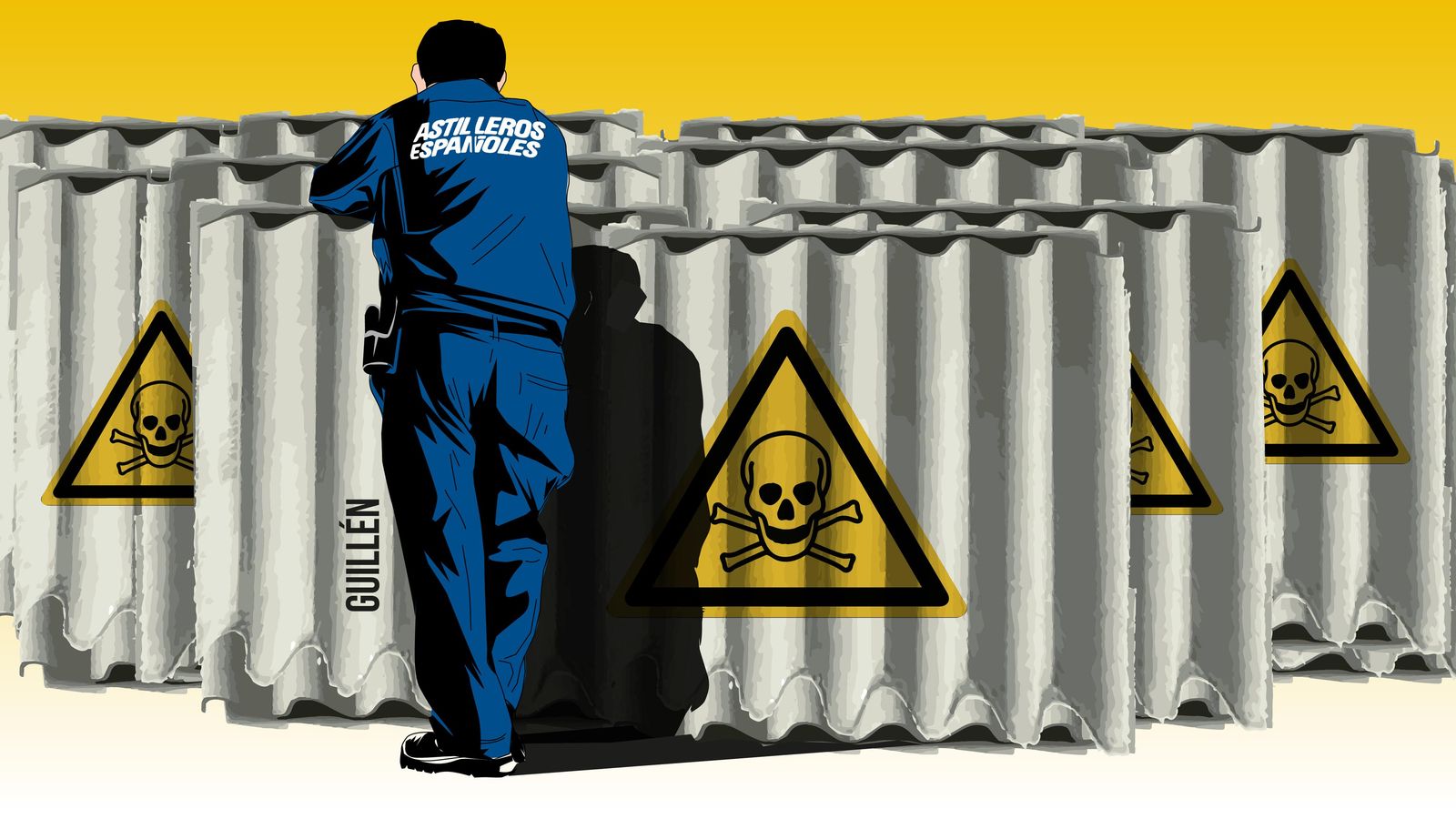 Ilustración de un trabajador de Astilleros manipulando uralita. Ilustración de un trabajador de Astilleros manipulando uralita.