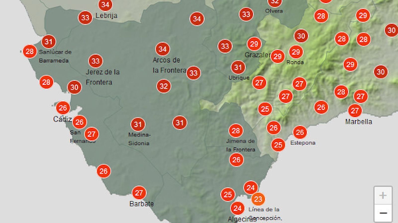 Máximas previstas para este miércoles en Cádiz.