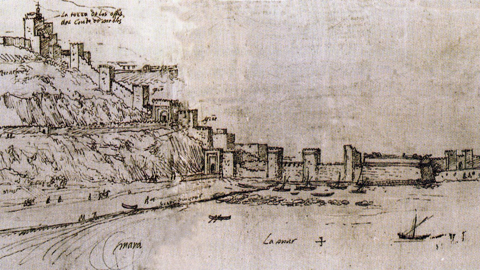 El flanco norte de la ciudad de Gibraltar (Dibujo de Anton van der Wyngaerde realizado en el año 1567. Publicado por A. J. Sáez Rodríguez).