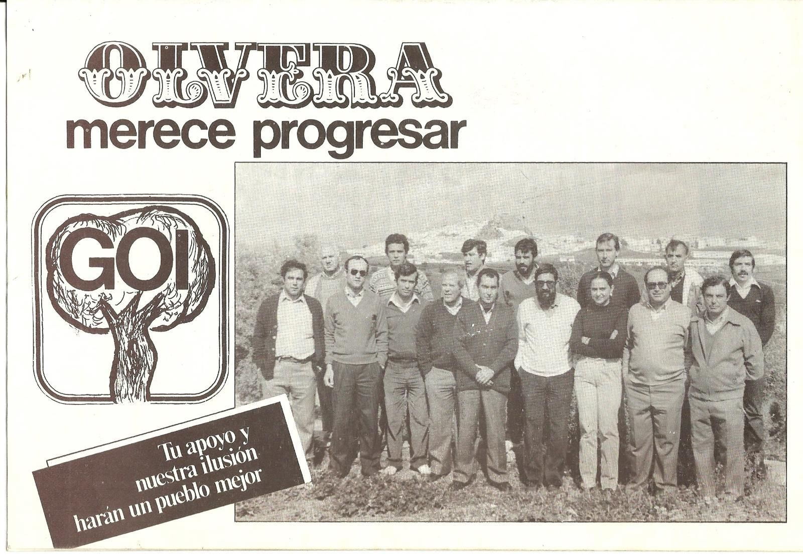 Foto de familia de la candidatura del Grupo Olvereño Independiente (GOI), que reunió a muchos socialistas disidentes y que ganó de calle las elecciones municipales de 1983.