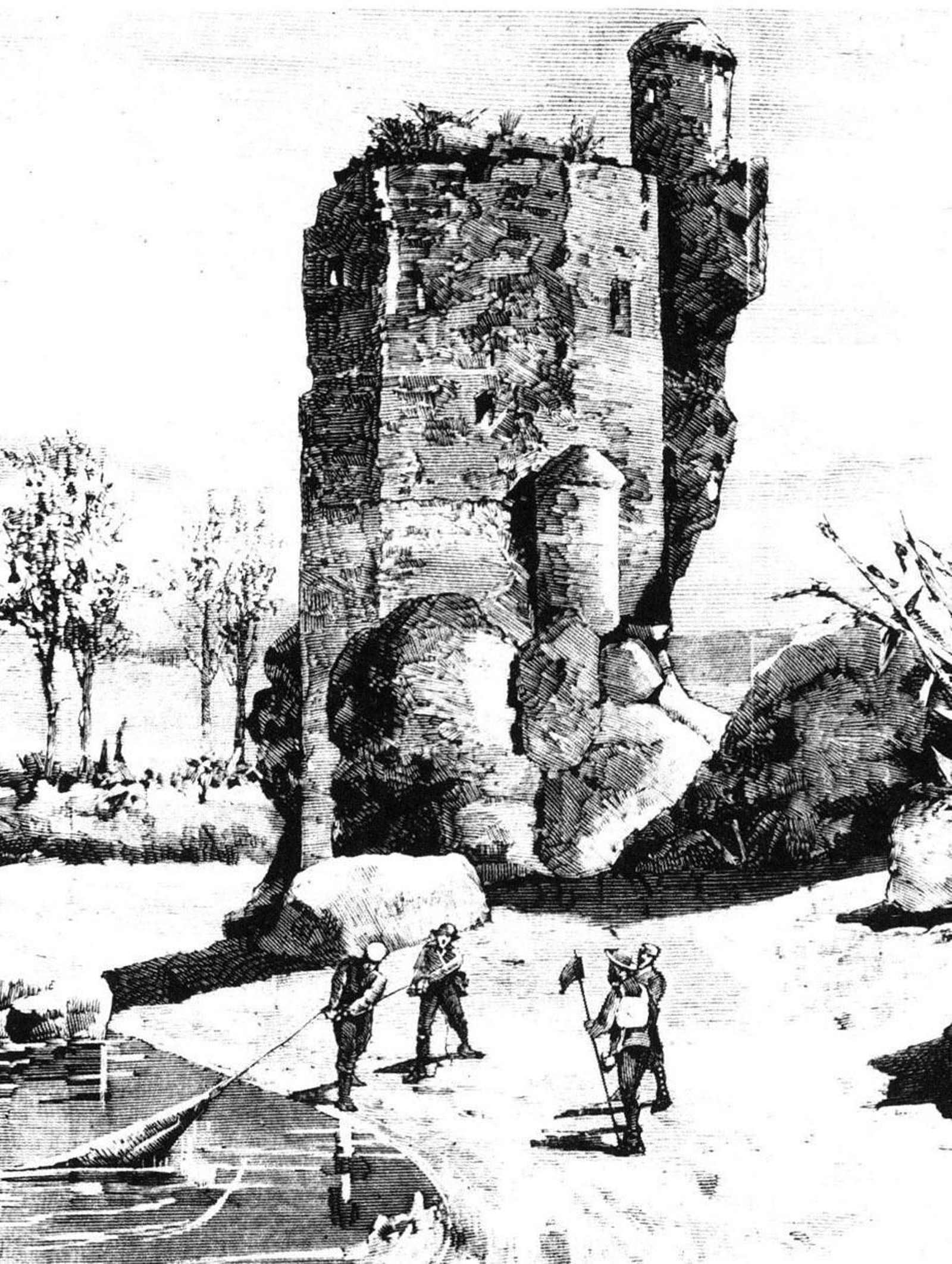 Grabado de la conocida como torre del Espolón, situada en la esquina sureste la muralla medieval de Algeciras.