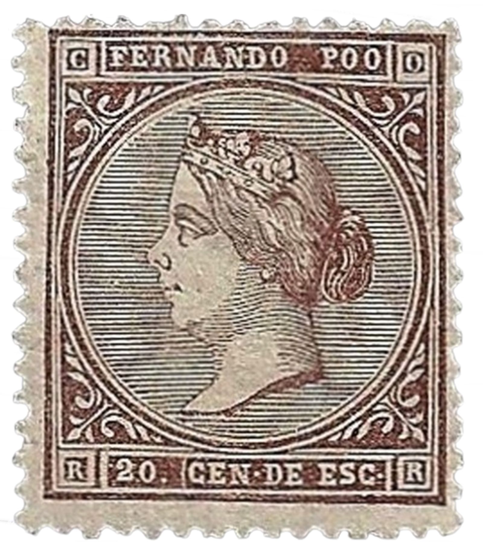 Emisión de julio de 1868 al 30 de junio de 1879 con la efigie de Isabel II y la indicación de Fernando Poo. Valor: 20 céntimos de escudo, color castaño