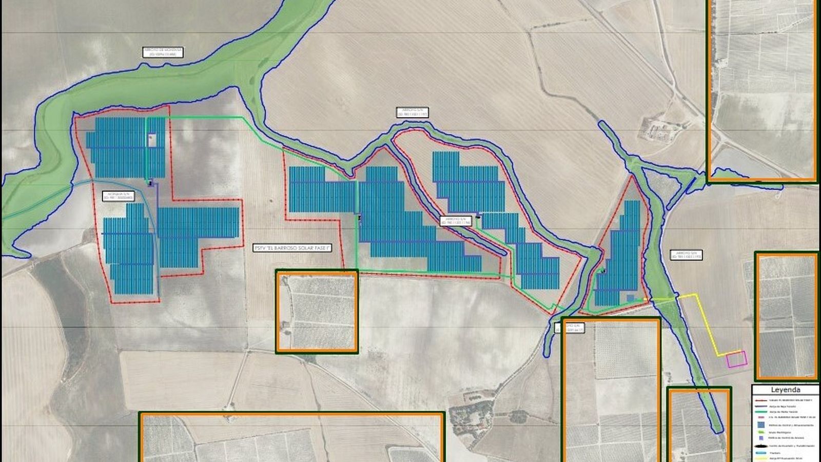 Proyección de las placas solares sobre el terreno (arriba en azul) y del viñedo (abajo y a la derecha en naranja).