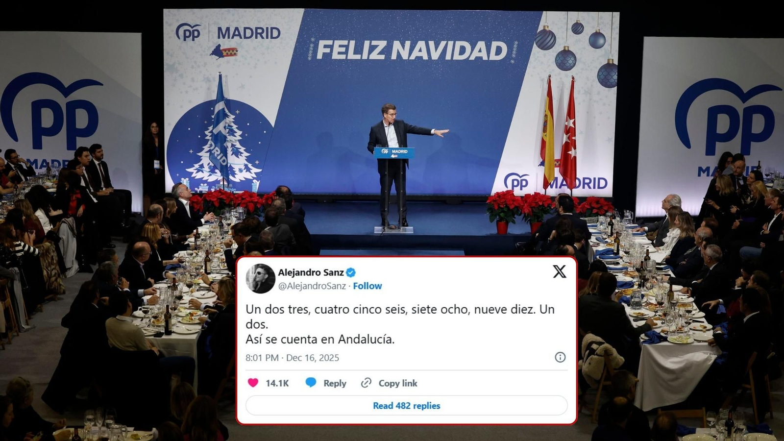 Feijóo, durante el almuerzo de Navidad del PP de Madrid, y la respuesta de Alejandro Sanz.