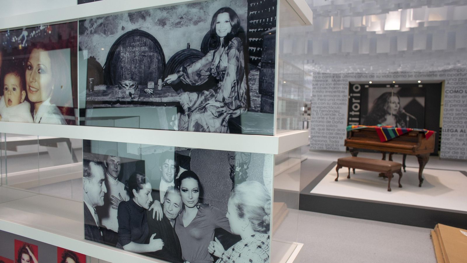 Fotos de la cantante y , al fondo, su piano de cola.