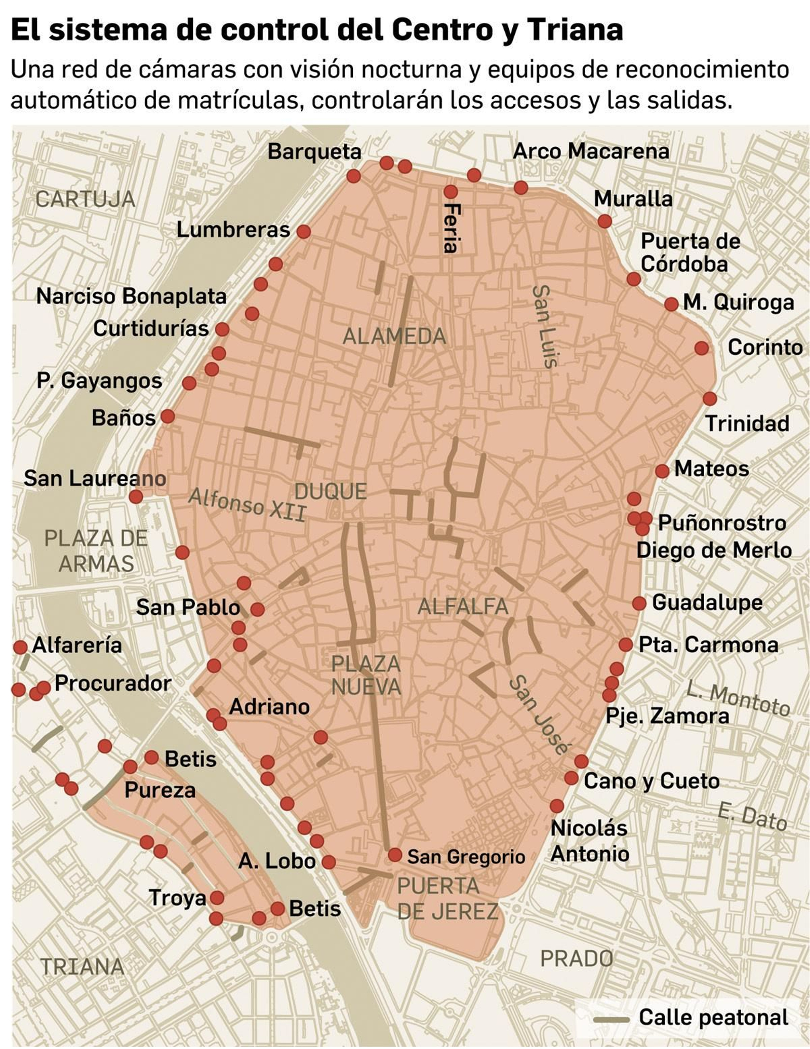 Red de cámaras de control de acceso al centro y Triana.