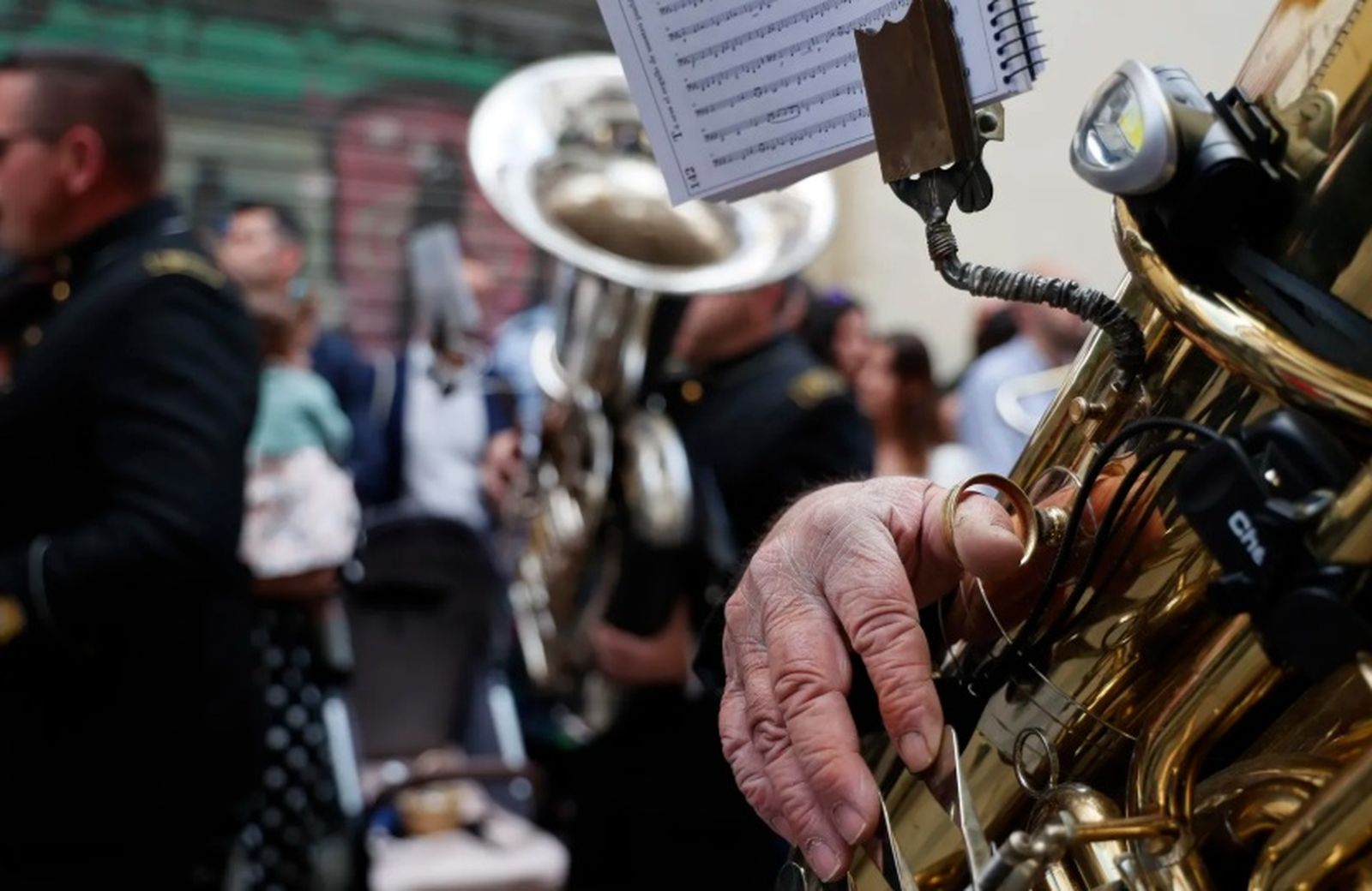 Un músico del Carmen interpreta una marcha tras el palio de la Amargura