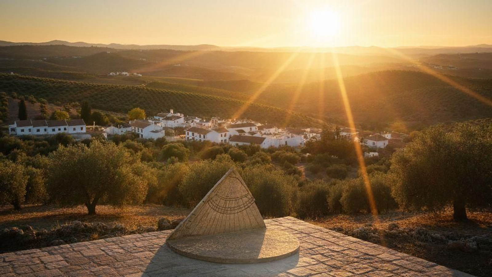 Rudimentario reloj solar con tierras al fondo en una puesta de sol