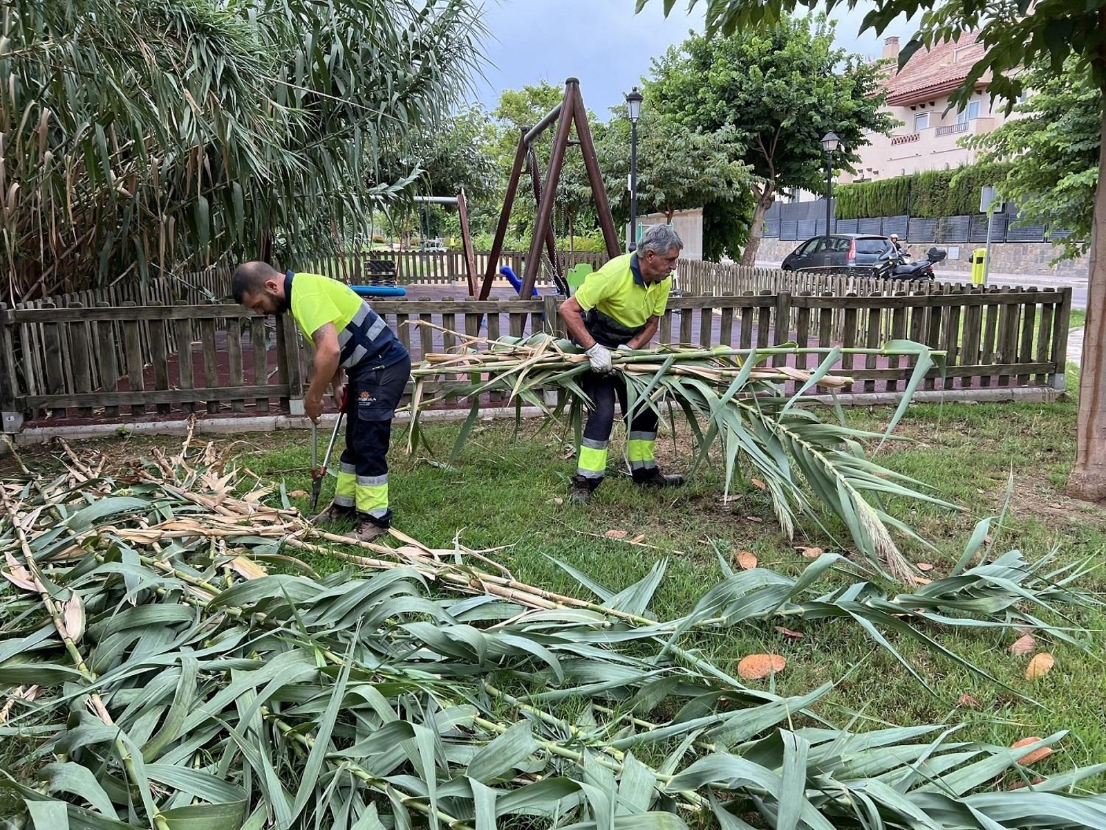 Unos operarios retirando broza del parque situado en la calle Virgen del Carmen, en Fuengirola.