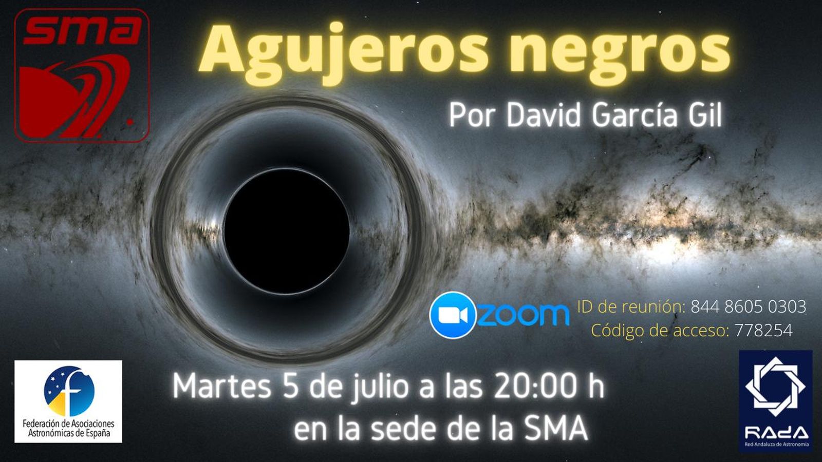 Cartel de la SMA sobre la charla que versa en torno a los agujeros negros.