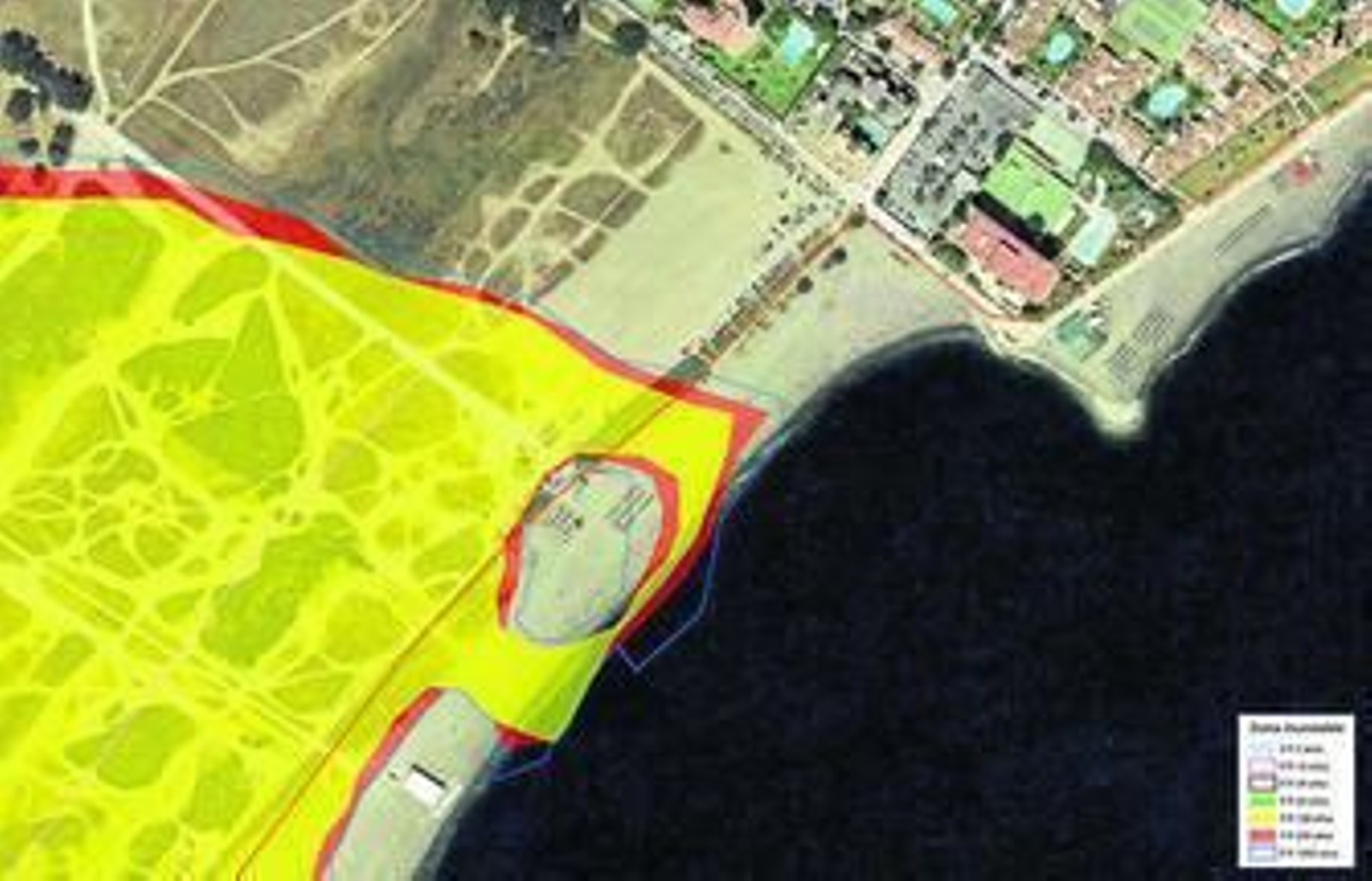 Mancha de la inundabilidad estimada en el estudio de Sener para los sueños de Arraijanal, con un periodo de retorno de 100 años.