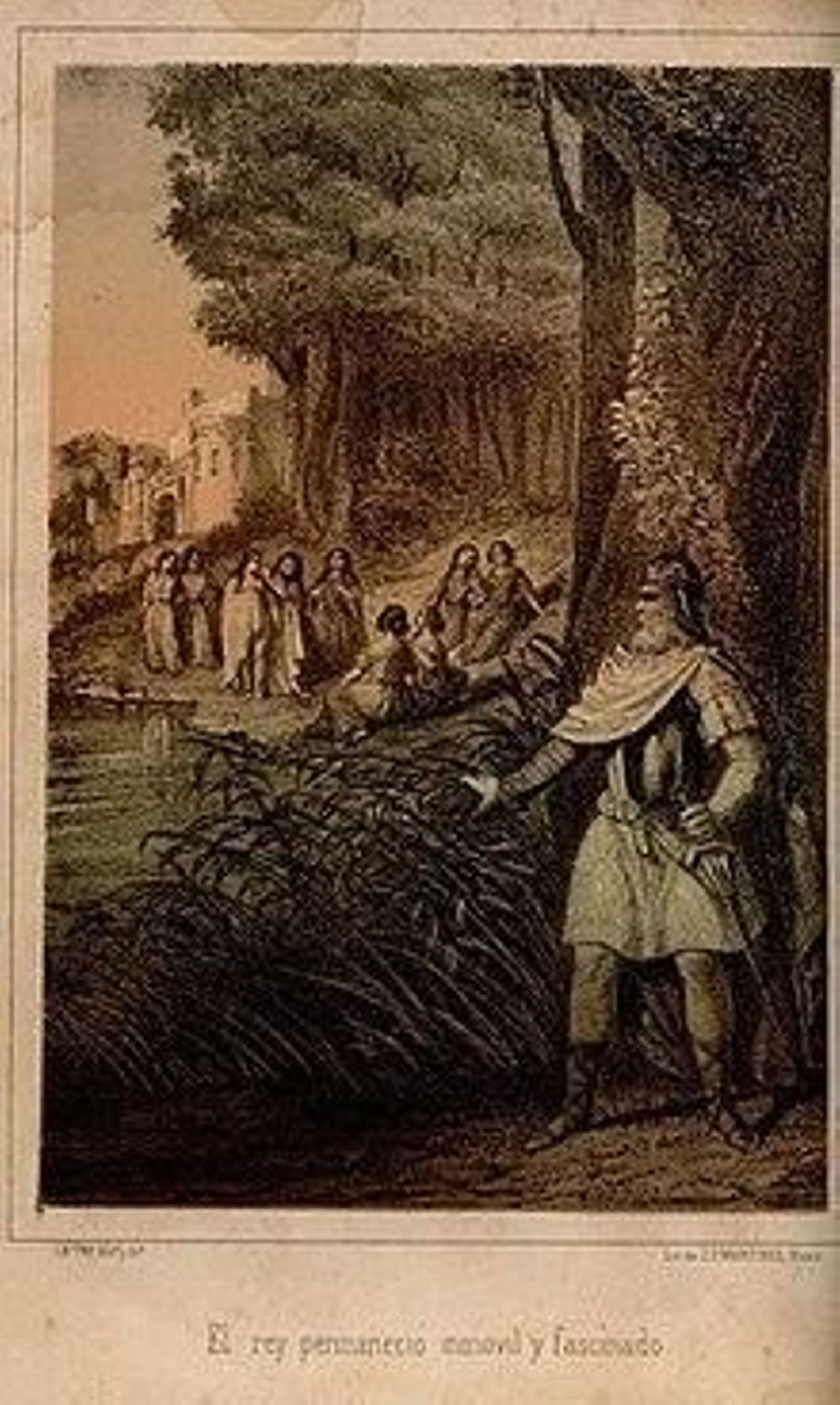 Florinda siendo acechada por don Rodrigo, litografía de Letre (1856).