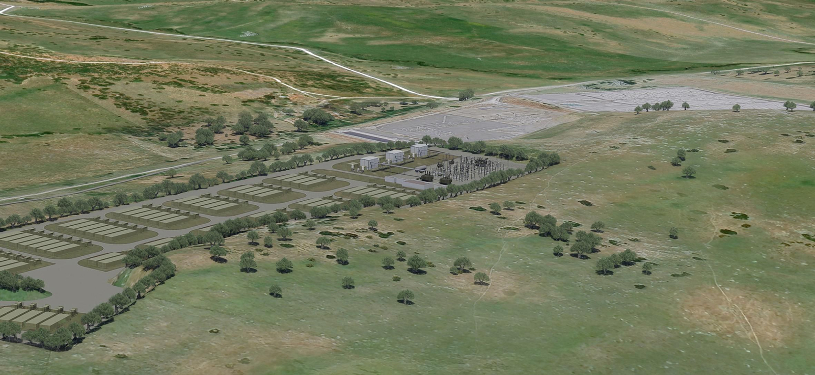 Recreación del parque de almacenamiento energético de Rolwind Renovables junto a la subestación eléctrica.