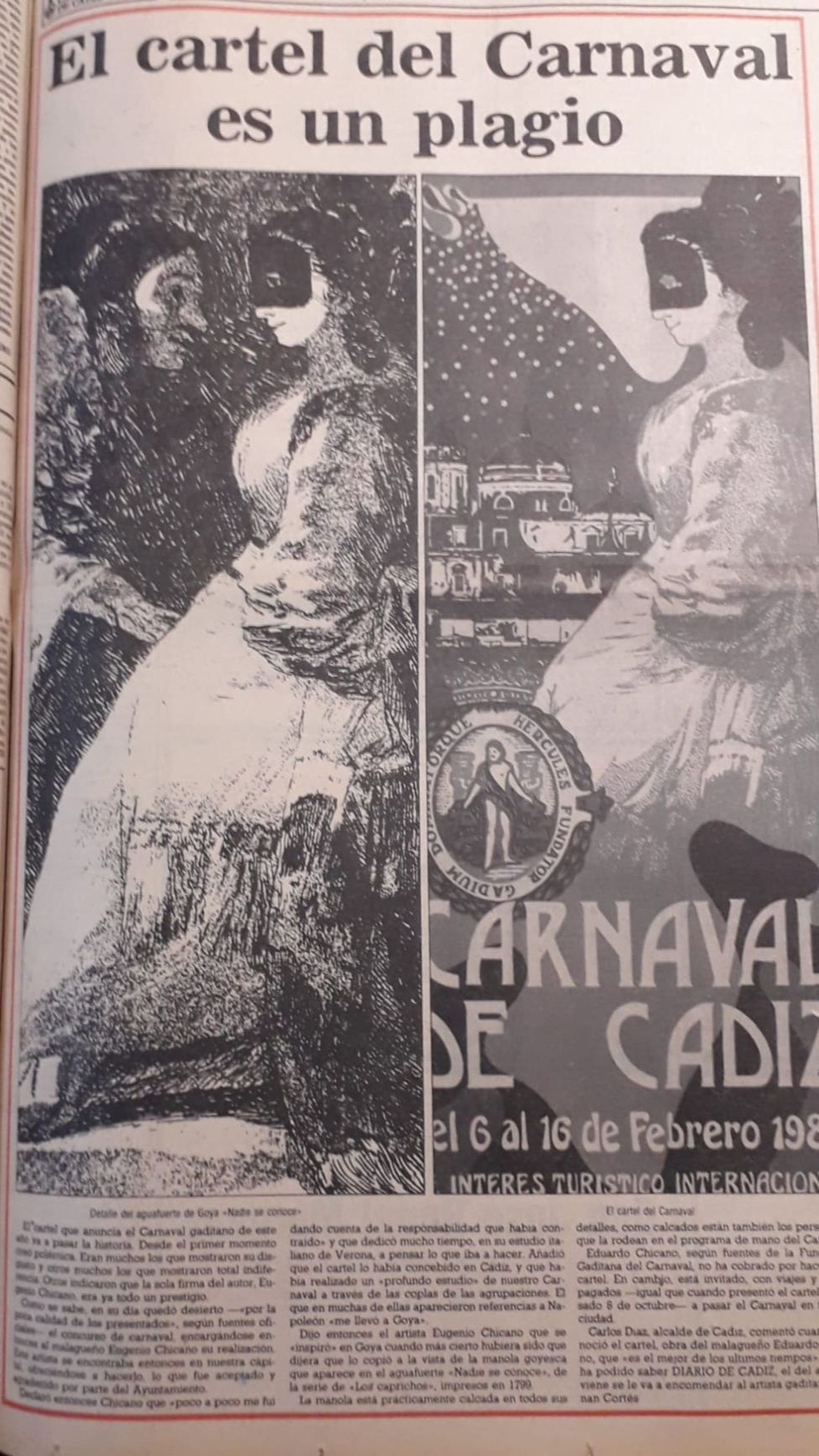 Portada de Diario de Cádiz sobre el presunto plagio del cartel de 1986.