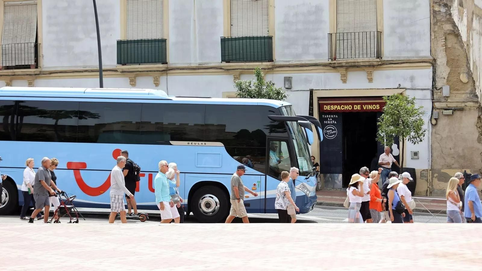 Un grupo de turistas junto a un autobús del turoperador TUI en el centro histórico de Jerez de la Frontera.