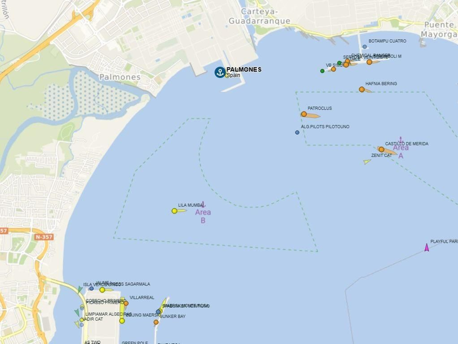 Localización del 'Lila Mumbai' en el mapa -en la tarde de ayer, 15 de septiembre- en el área B del fondeadero de Algeciras.