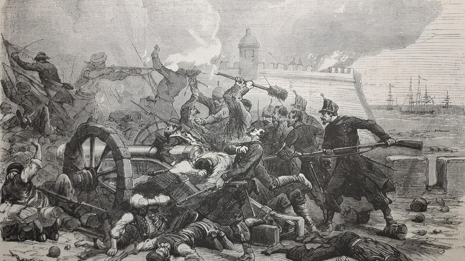 Grabado de 'Le Monde Illustré' donde apreciamos la intensa lucha mantenida en el entorno del Castillo de Santa Catalina durante el domingo 6.
