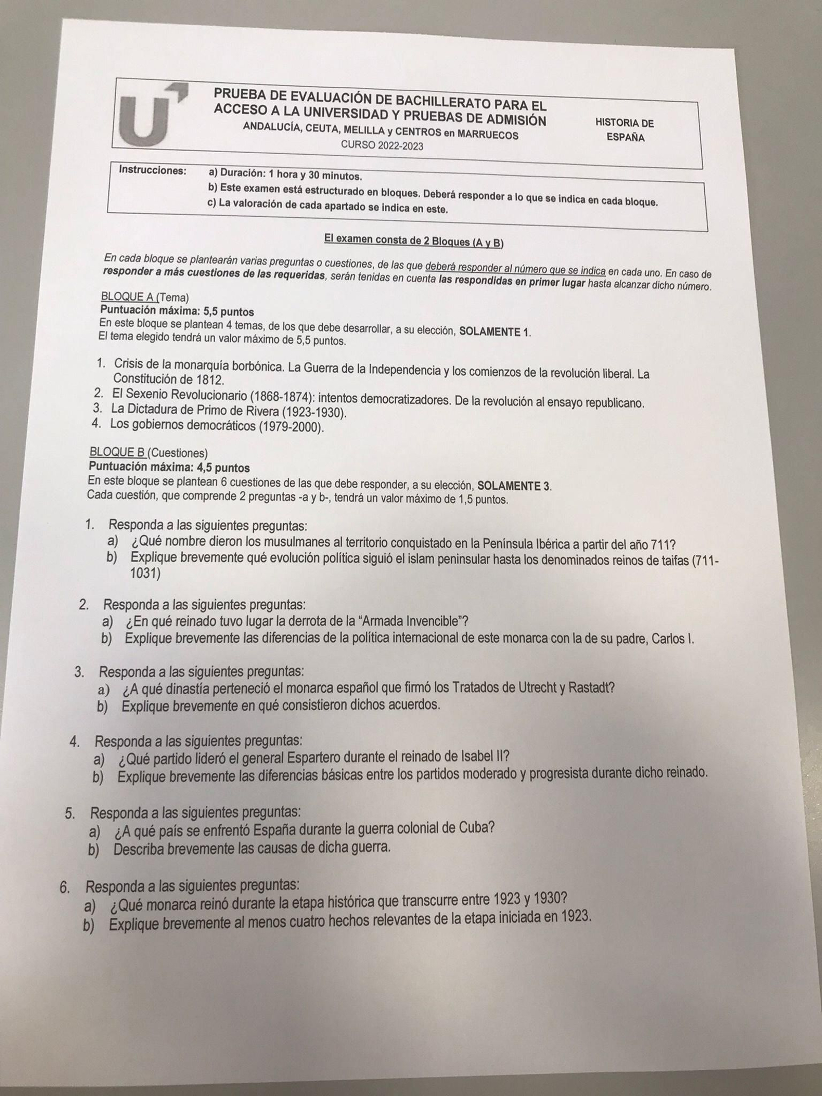Examen de Historia de Pevau Andalucía en 2023.