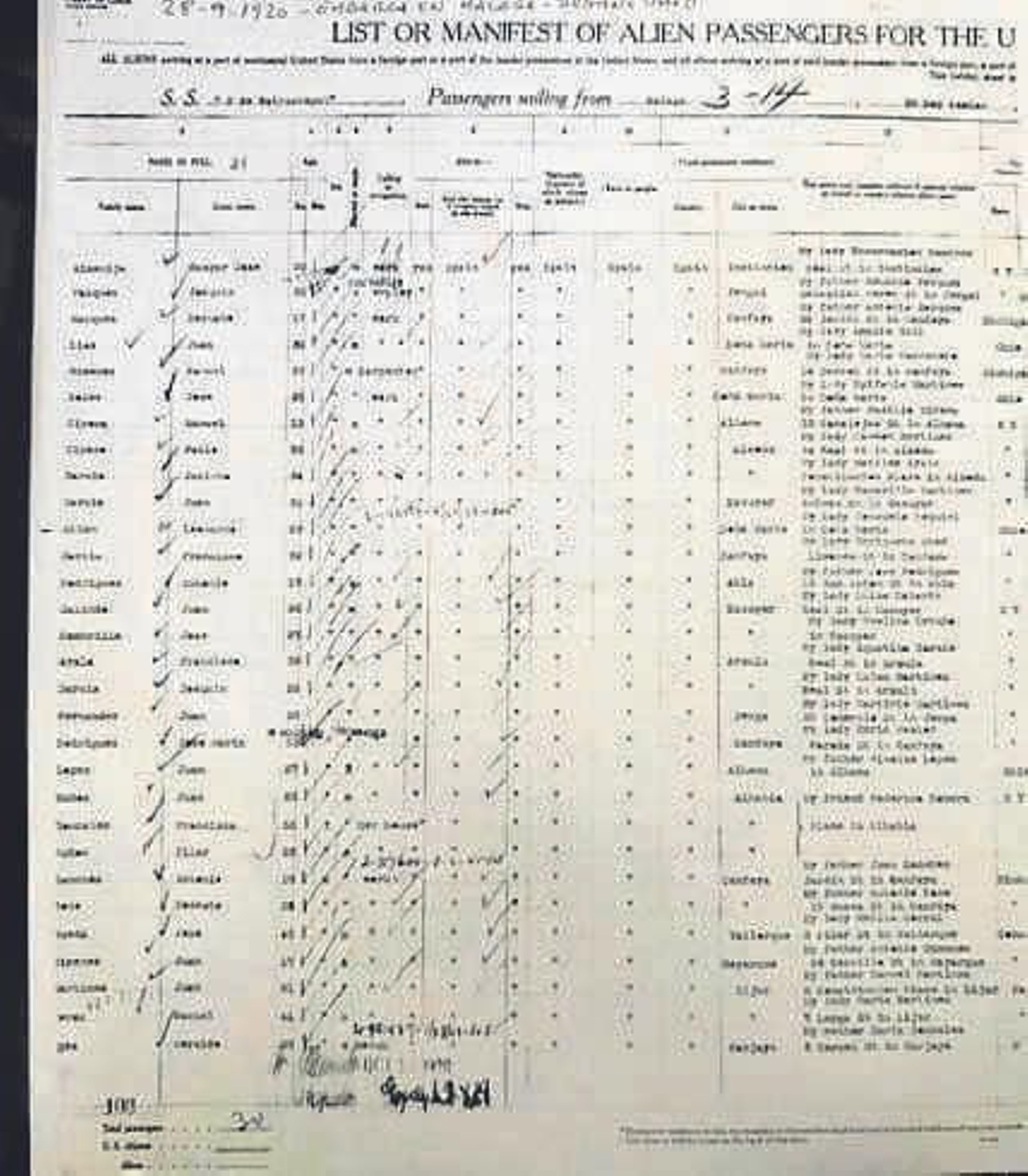 Lista de pasajeros del buque Satrustegui a Estados Unidos, donde hay varios vecinos de la Comarca de Nacimiento.