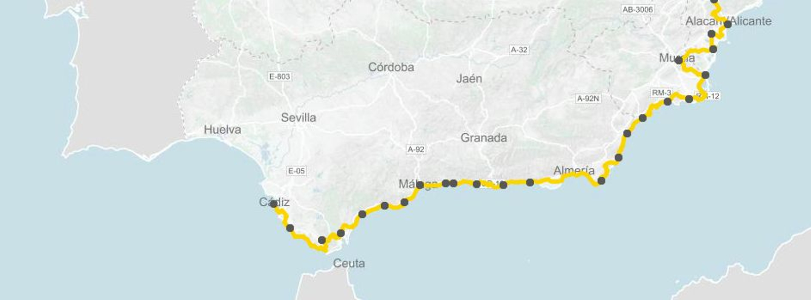 Mapa de la ruta Eurovelo 8 a su paso por Andalucía