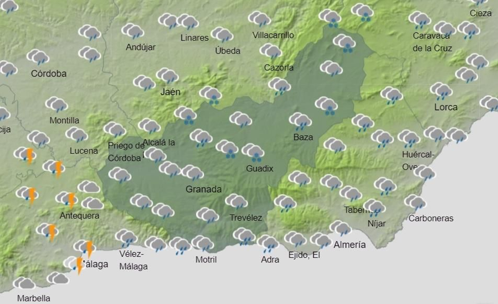 Mapa de previsión meteorológica previsto por Aemet para el martes 5 de abril en Granada