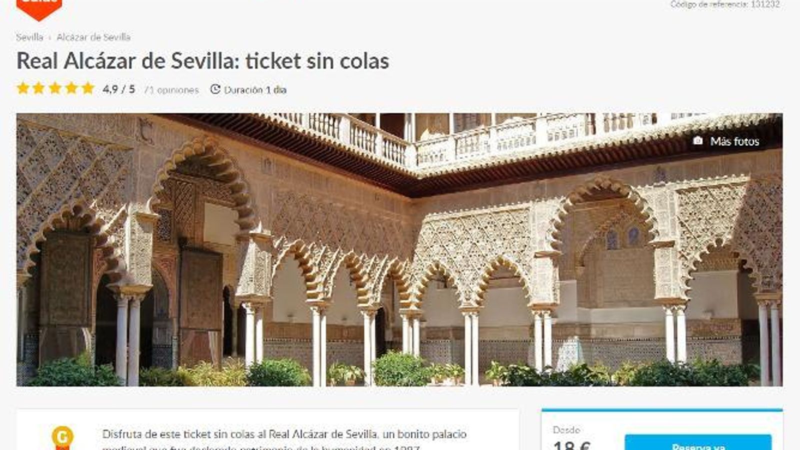 Una captura de la web con el precio para el Alcázar