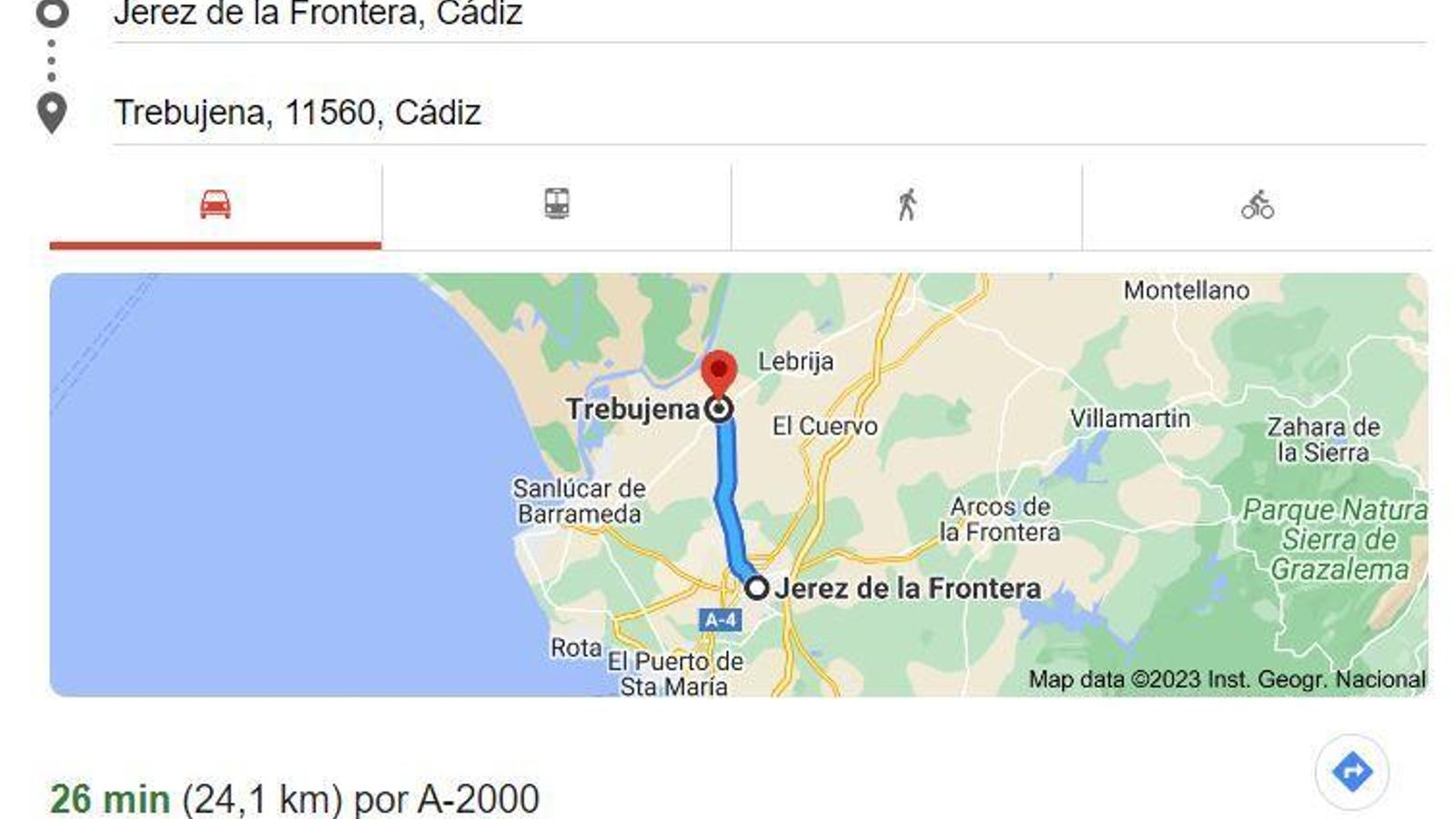 Distancia Jerez - Trebujena.