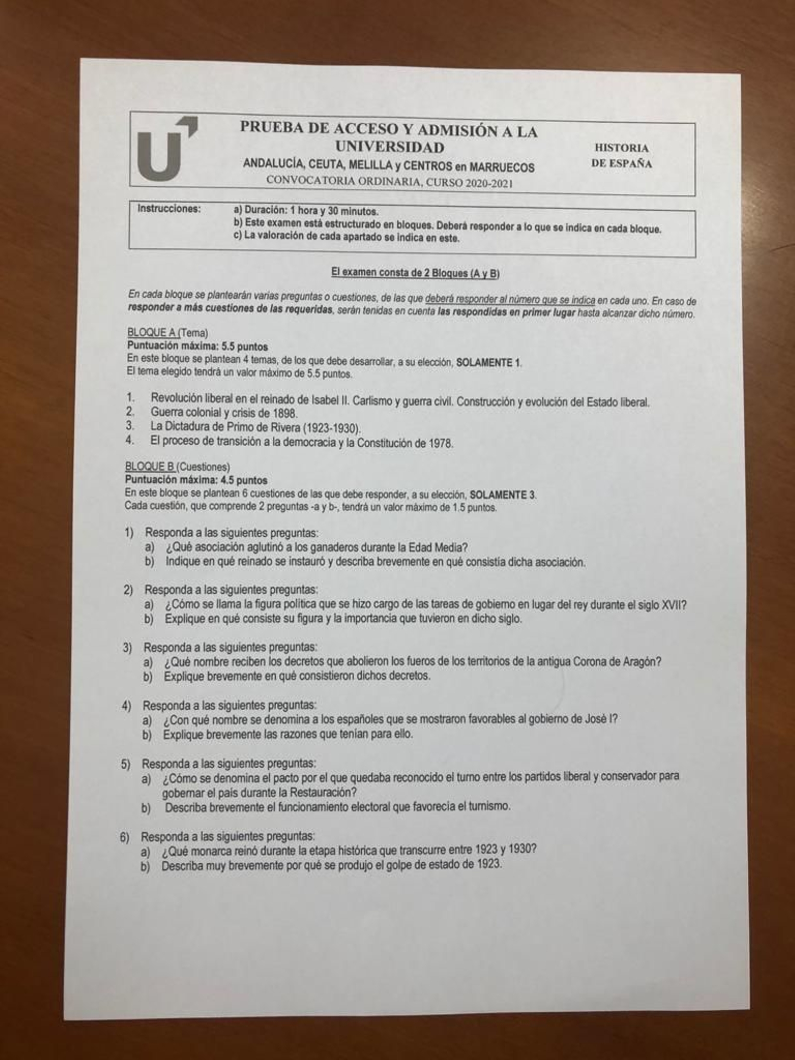 La prueba de Historia en Selectividad.