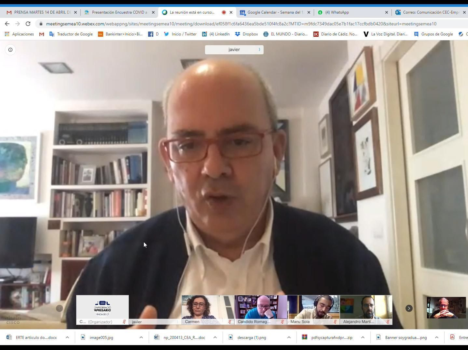 El presidente de la CEC, Javier Sánchez Rojas, durante la primera rueda de prensa telemática de la patronal.