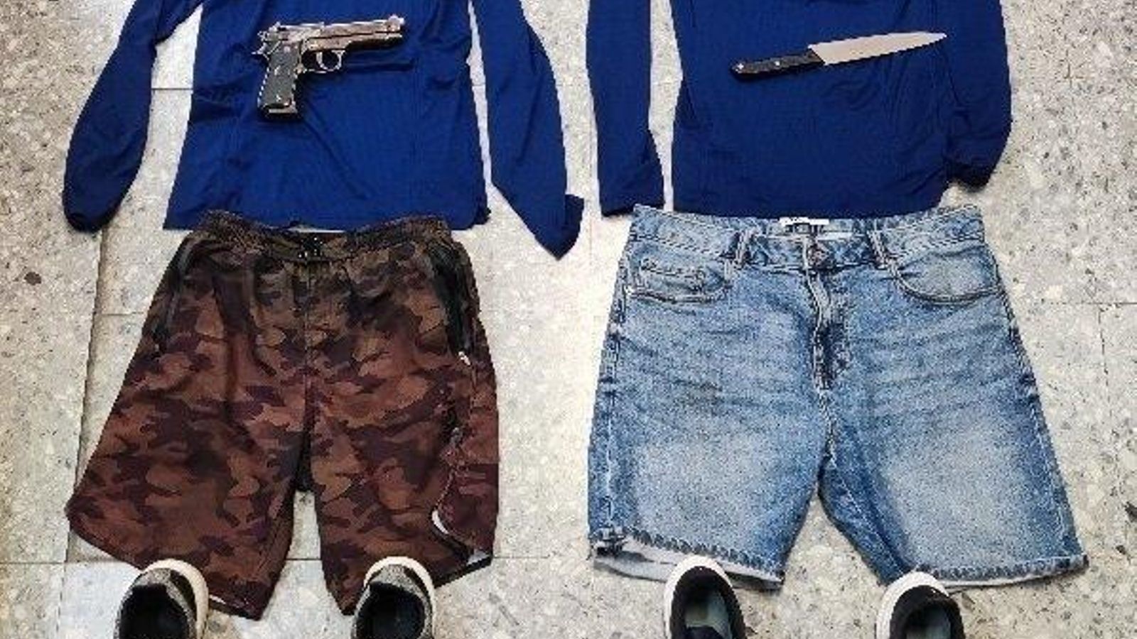 Prendas y armas intervenidas al Jabugo y su compinche.