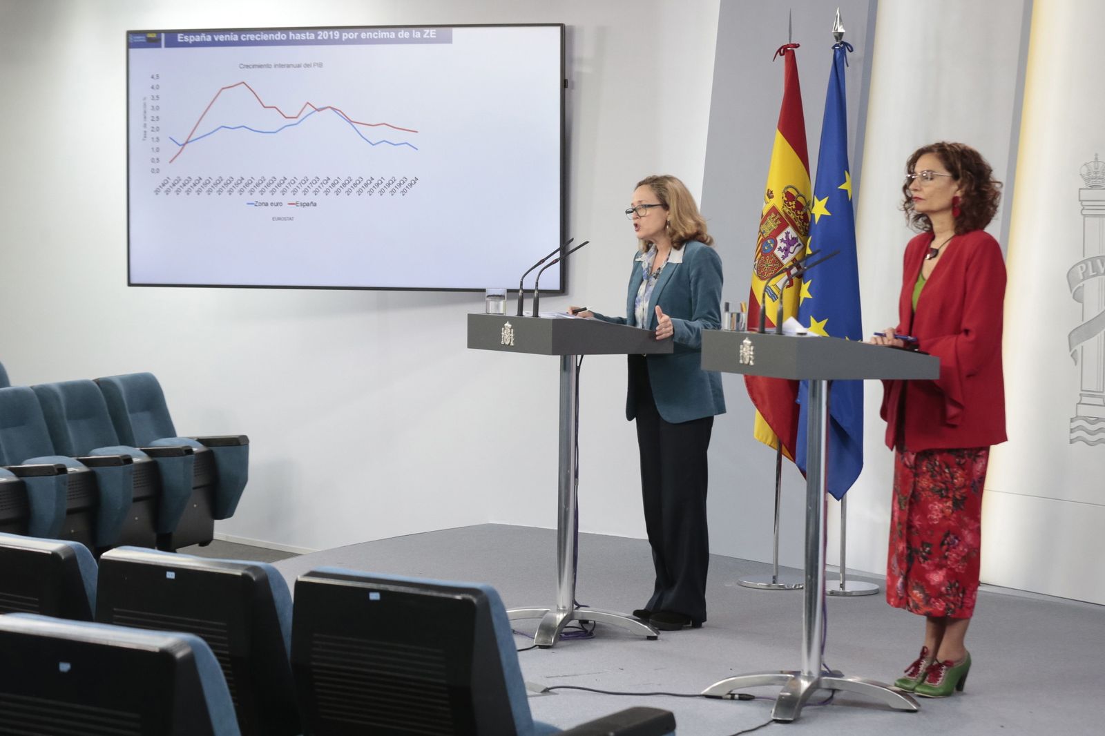 Nadia Calviño y María Jesús Montero, en rueda de prensa telemática