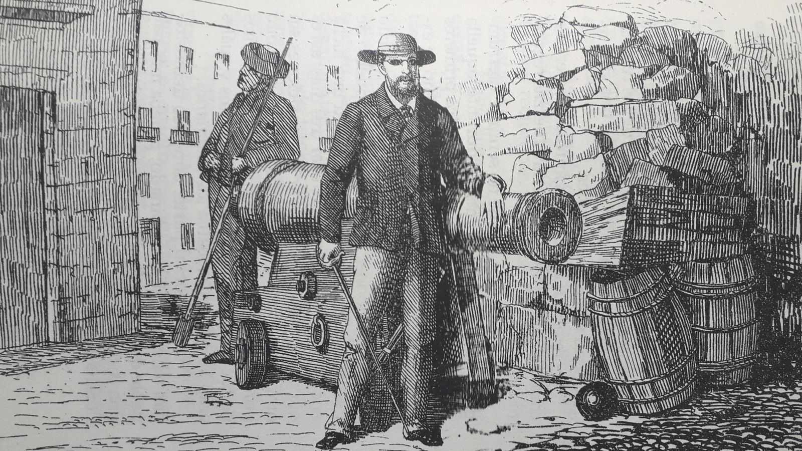 Grabado de la obra de las Barricadas de Cádiz de Luis Mejías y Escassy donde vemos a Fermín Salvochea al frente de una de las grandes piezas de