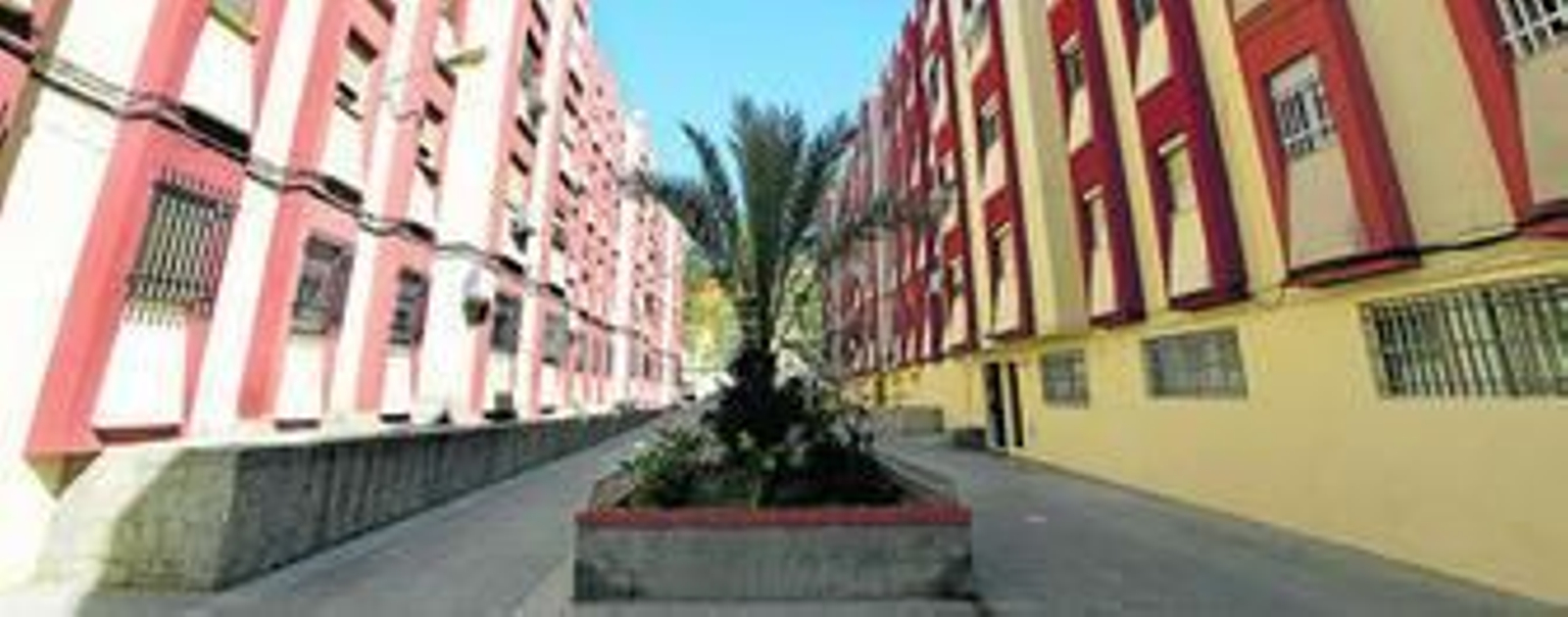 Vista panorámica de uno de los patios interiores de los edificios de Pasaje El Greco, con sus jardines en el centro y el Parque Moret, al fondo, tras la palmera.