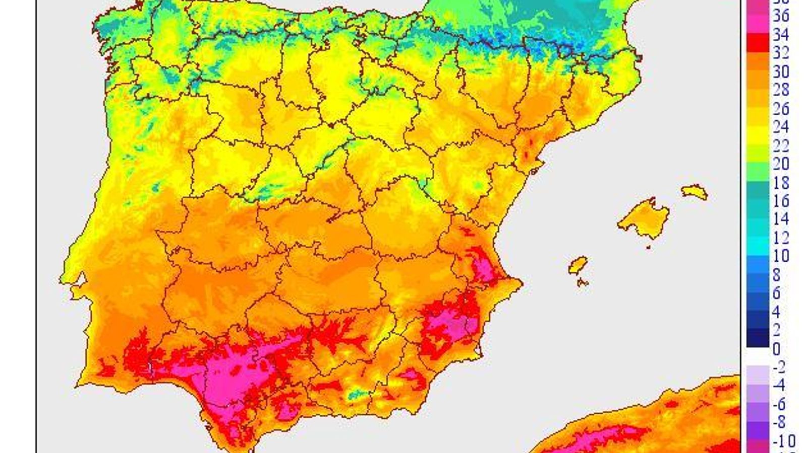 Mapa del calor previsto en la Península.