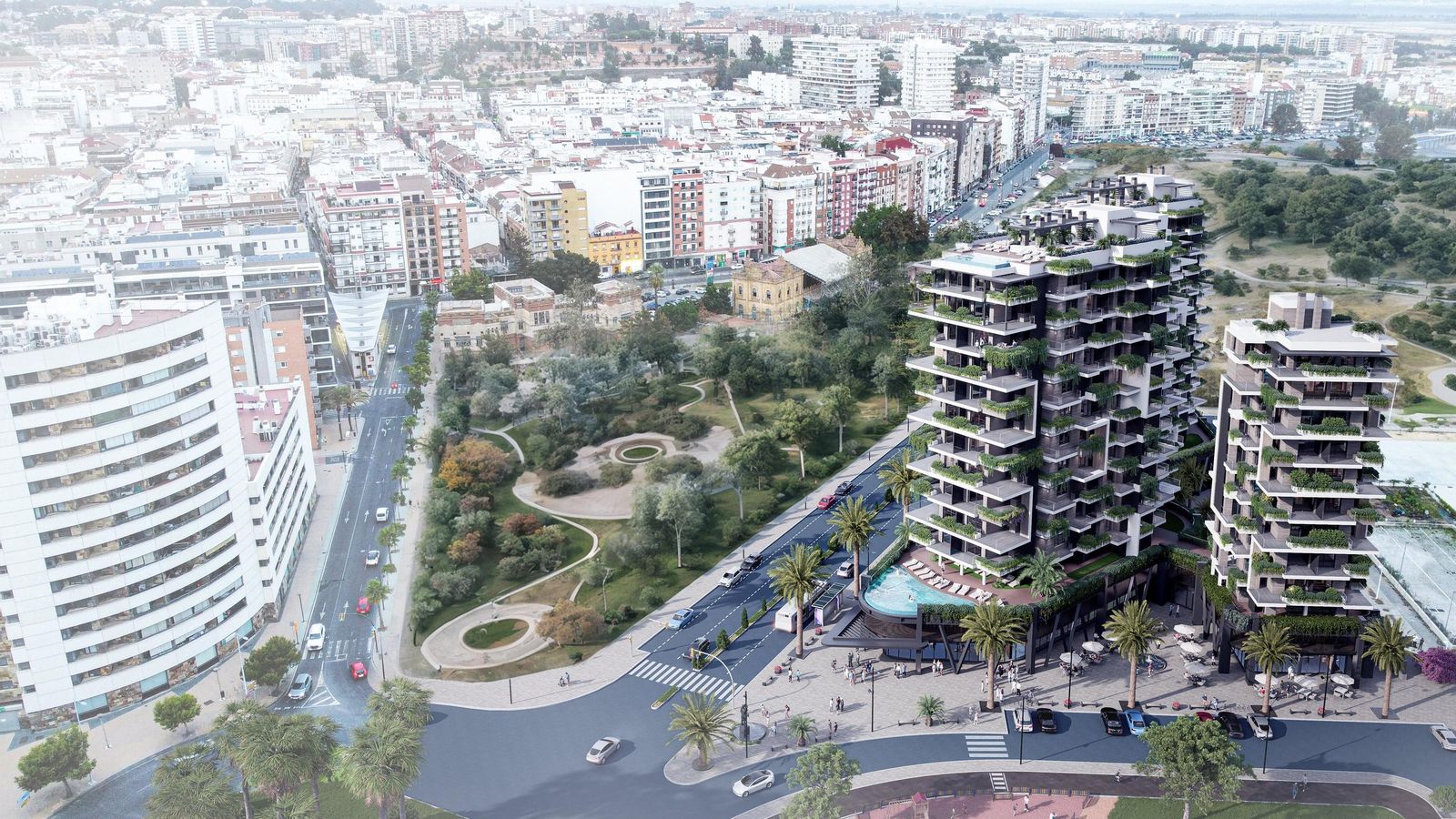 Vista aérea de las tres torres proyectadas tras el Colegio de Ferroviarios y el futuro parque lineal del Ensanche Sur de Huelva.