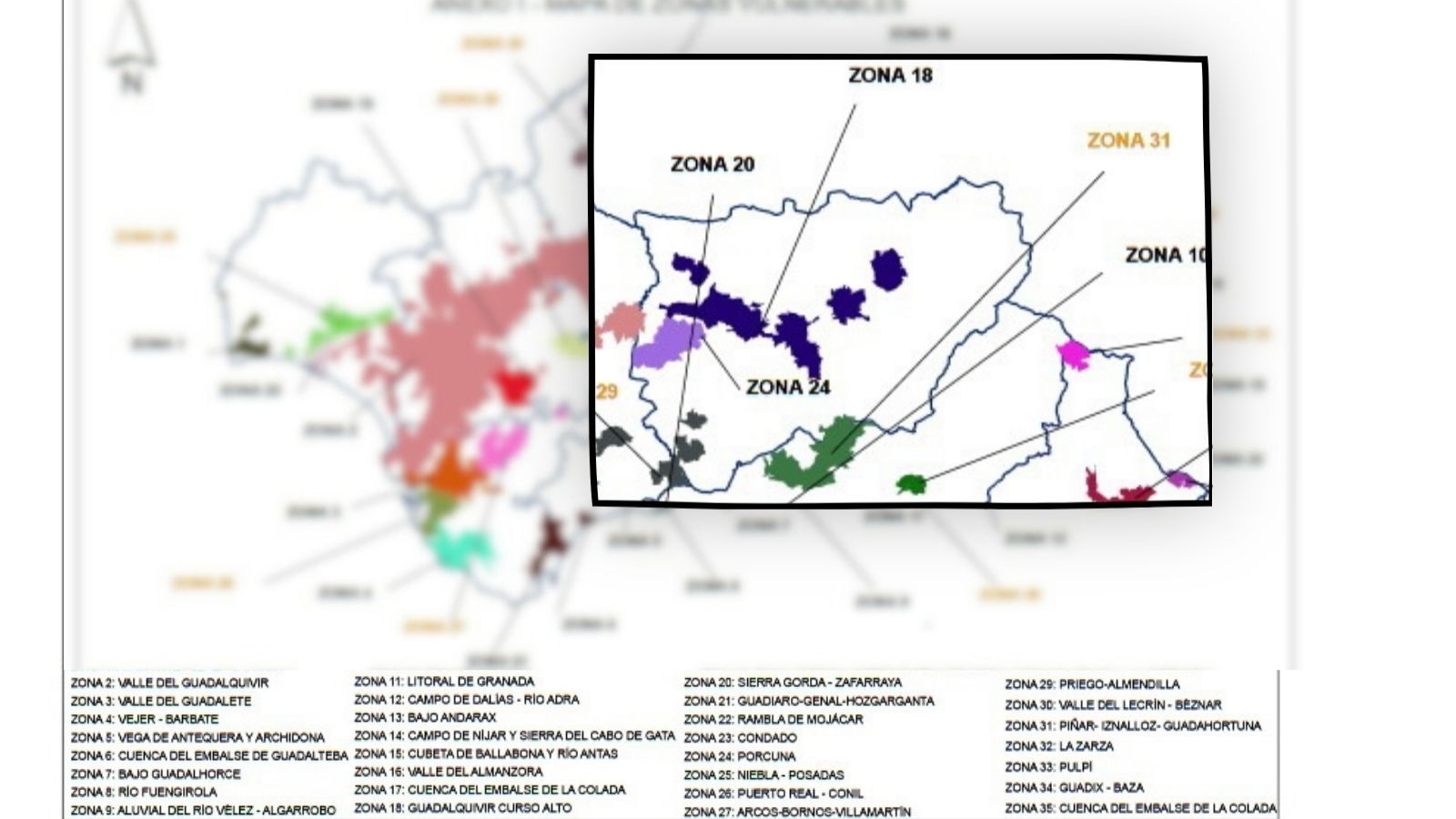 Zonas vulnerables de Jaén por contaminación de nitratos.